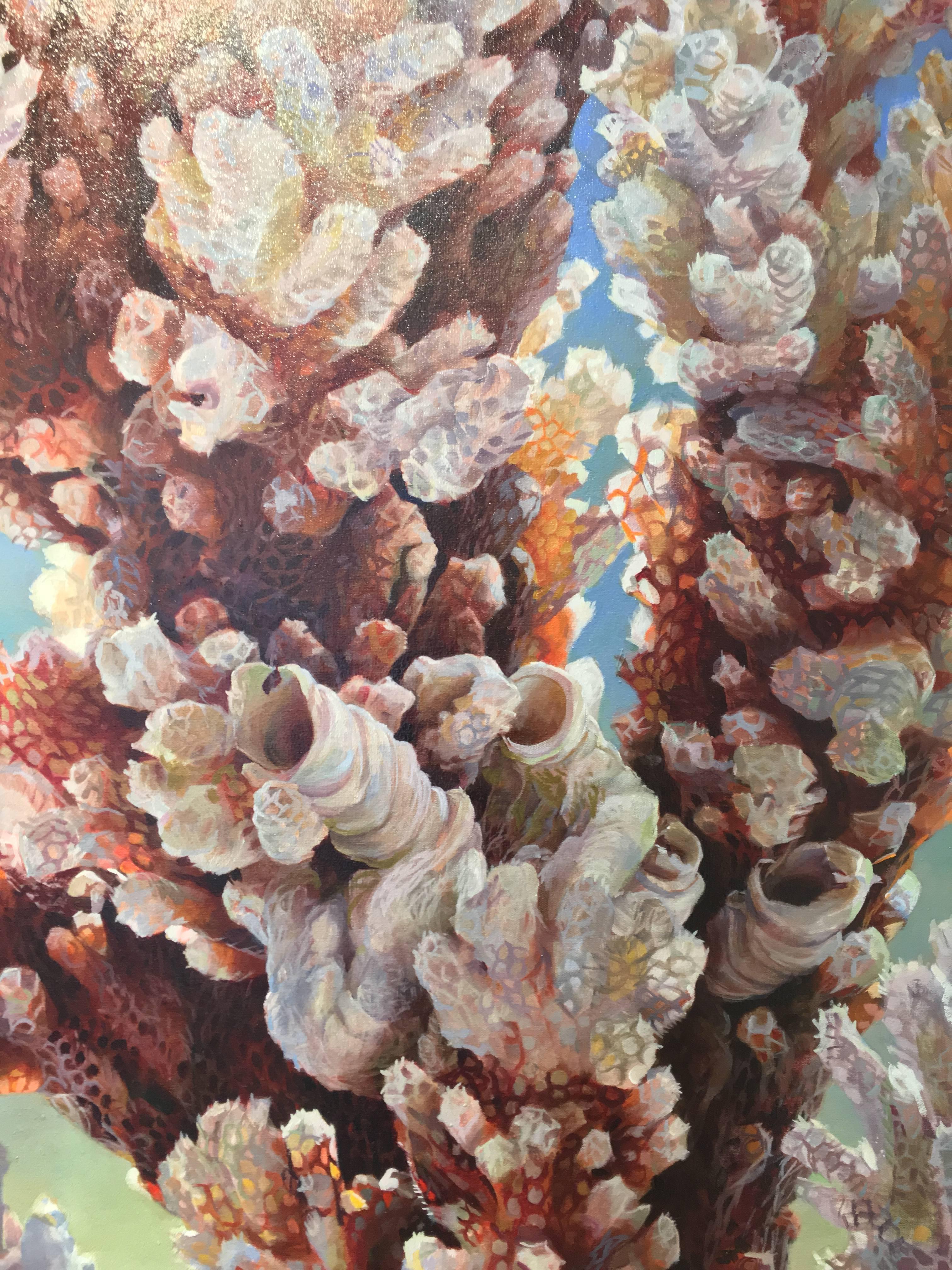 Serpulae Occultatum, Coral Still Life in Earthy White, Red, on Pale Green Blue - Contemporary Painting by Andrea Kantrowitz