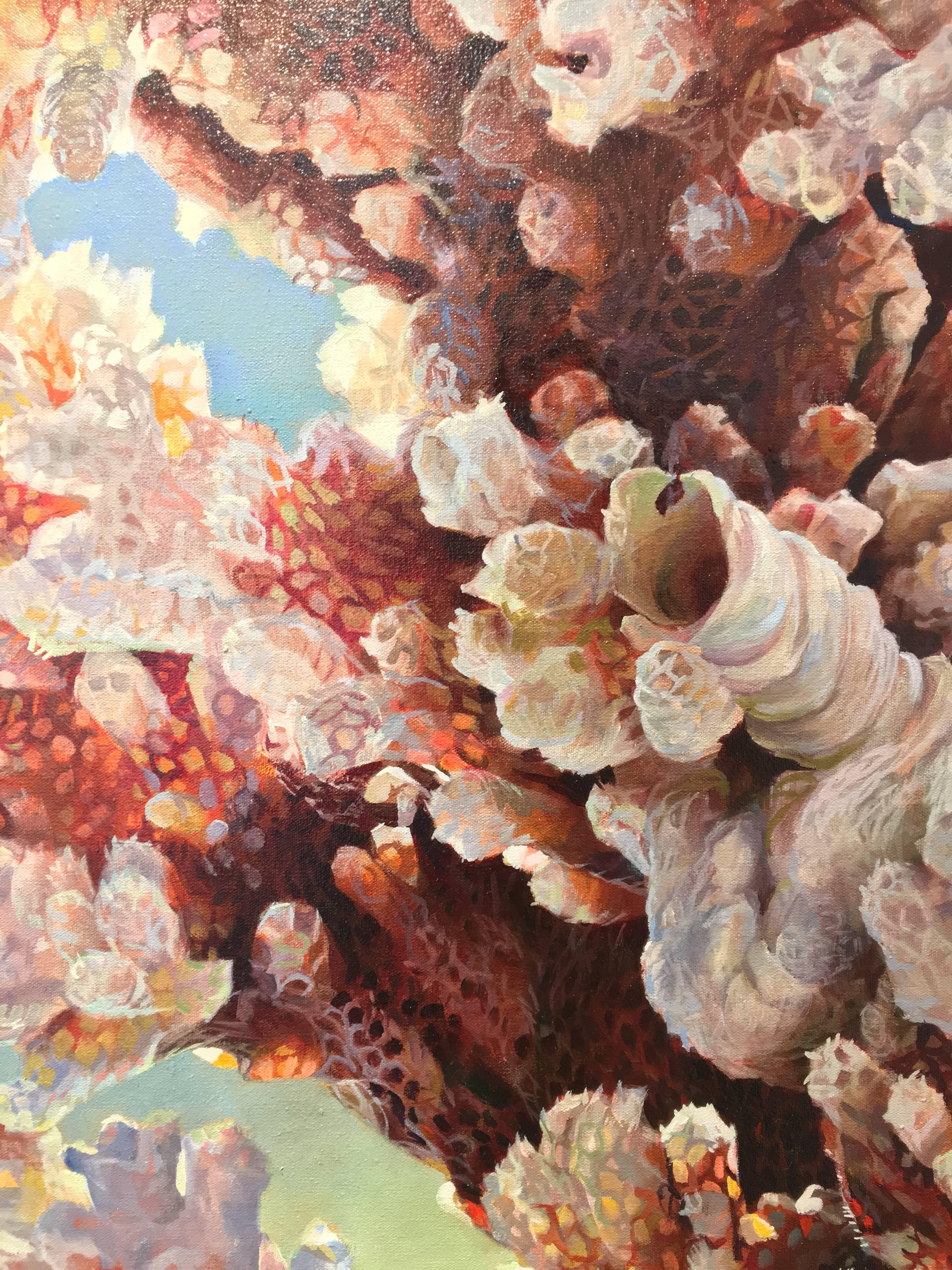 Serpulae Occultatum, Coral Still Life in Earthy White, Red, on Pale Green Blue - Gray Still-Life Painting by Andrea Kantrowitz