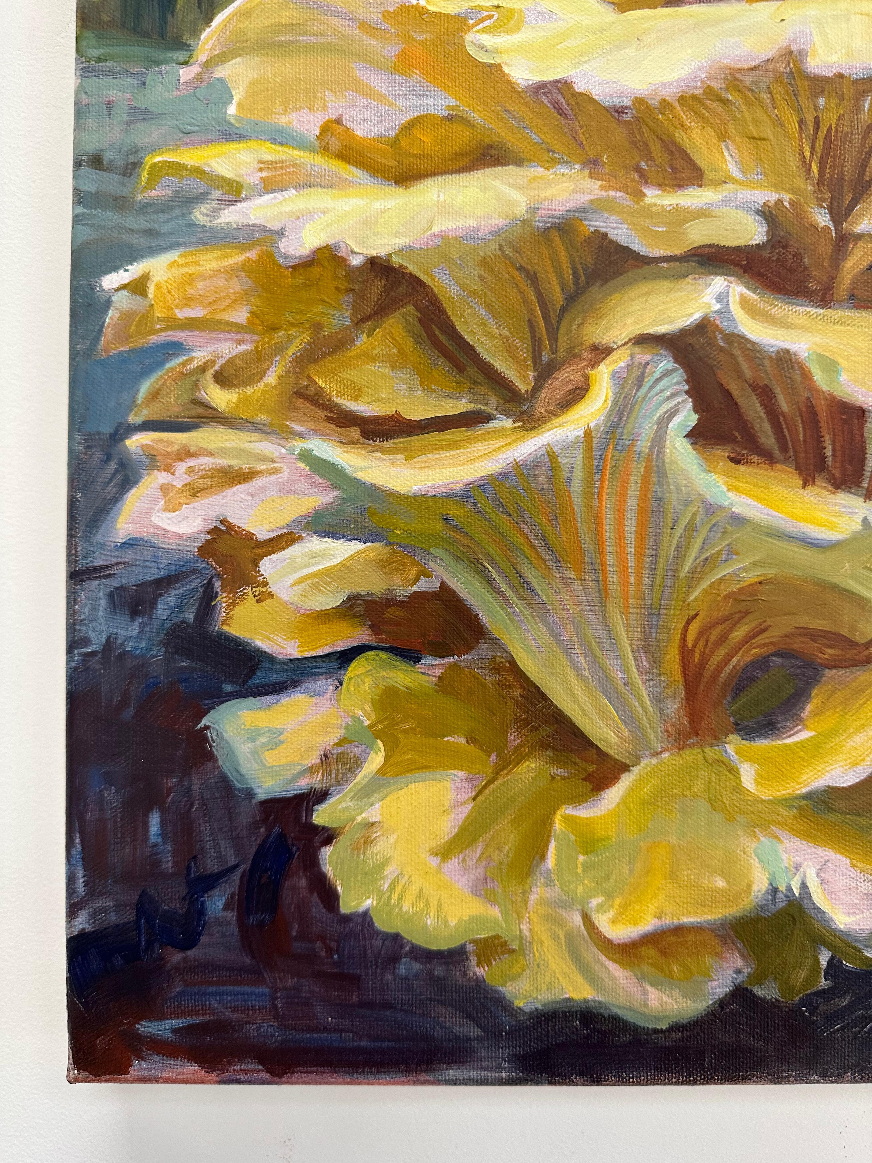 A golden oyster mushroom in hues of yellow, ochre and orange is masterfully painted, arranged in a dynamic, asymmetrical composition, luminous against a dark violet and green background. Signed, dated and titled on verso.

Andrea Kantrowitz invites
