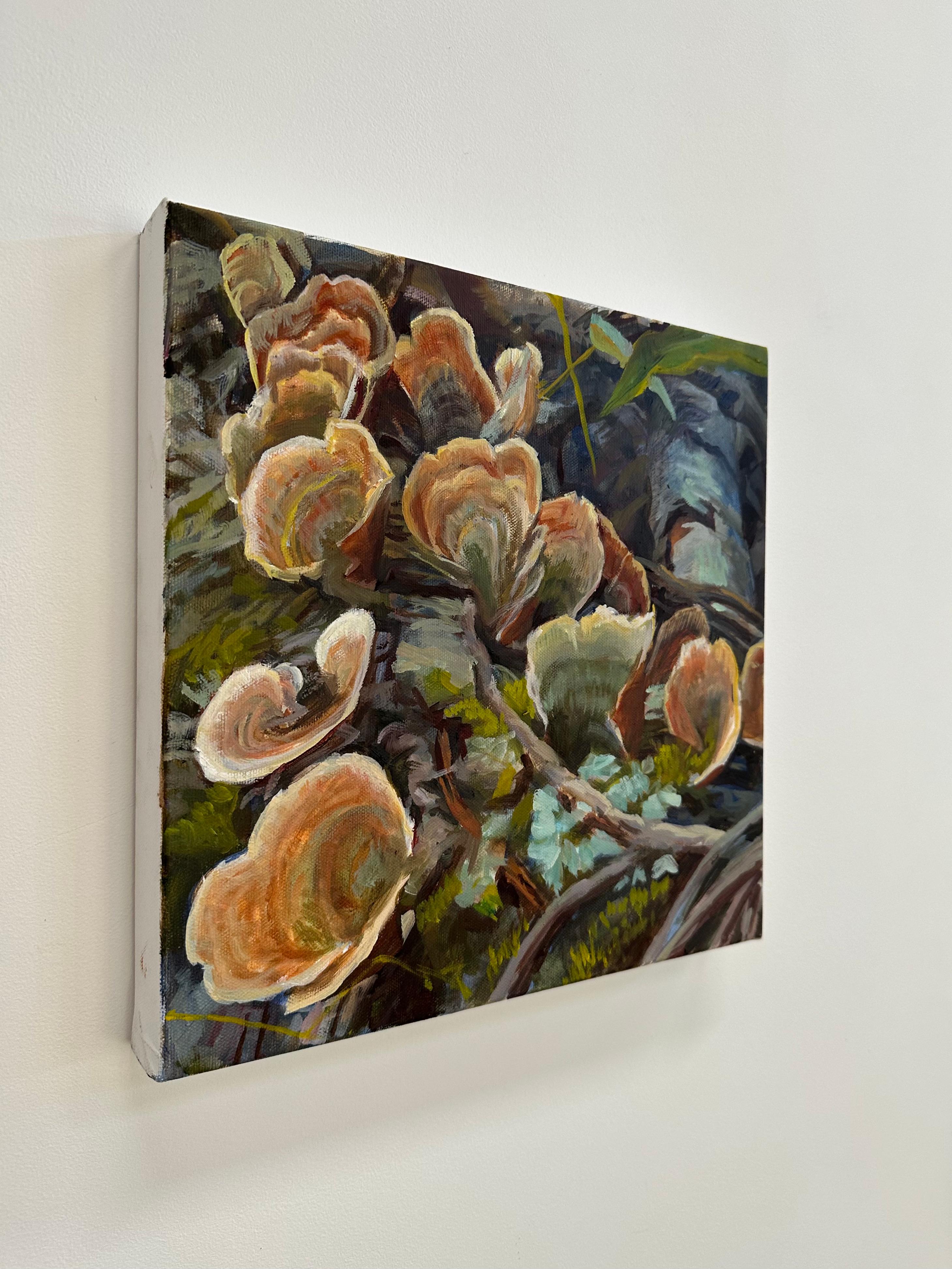 Turkey Tails, Old Growth Forest, Fungi, Mushroom, Orange, Brown, Moss Green - Contemporary Painting by Andrea Kantrowitz