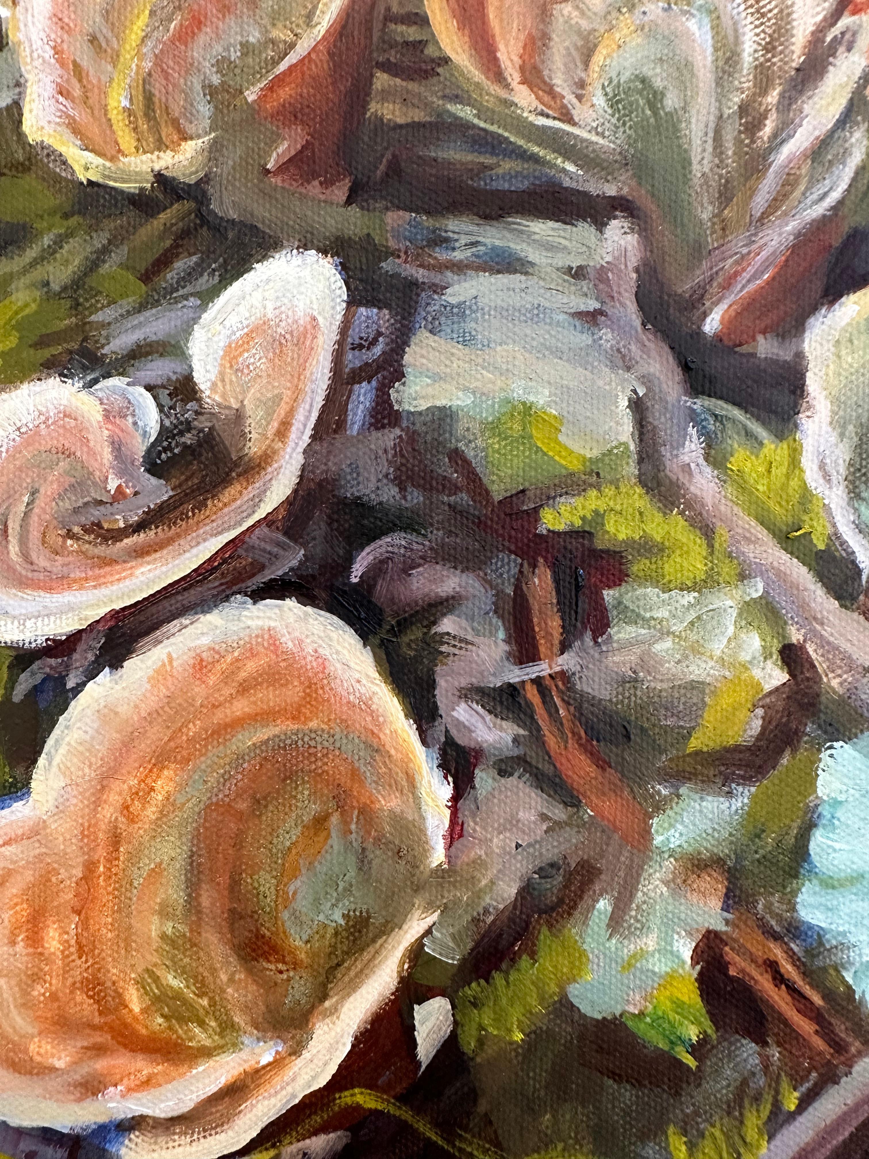 A turkey tails mushroom in hues of green, orange, ivory, and brown is masterfully painted, arranged in a dynamic, asymmetrical composition, luminous against an earthy background of sticks and moss. Signed, dated and titled on verso.

Andrea