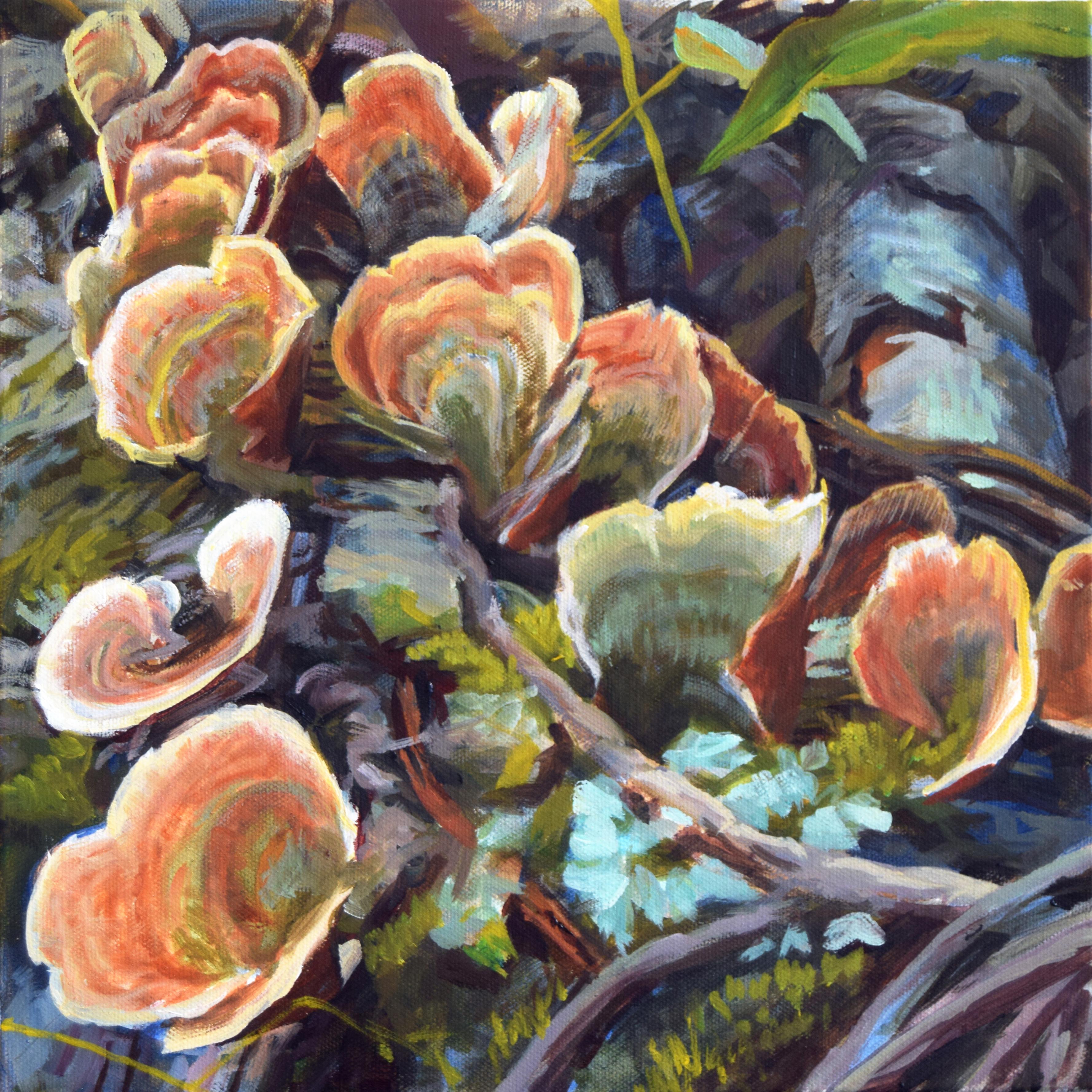 Andrea Kantrowitz Still-Life Painting - Turkey Tails, Old Growth Forest, Fungi, Mushroom, Orange, Brown, Moss Green