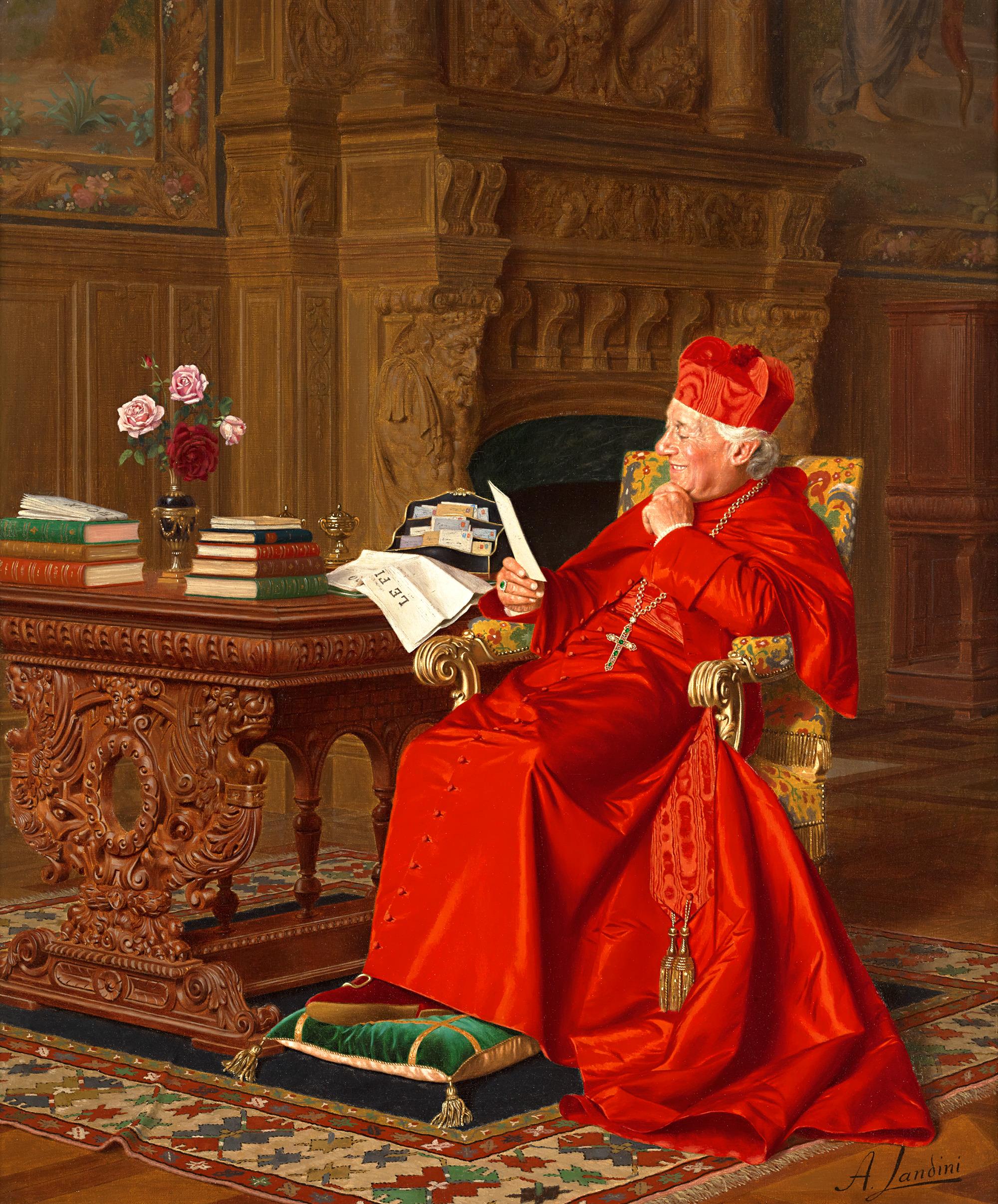 Andrea Landini
1847-1935 Italian 

Good News

Signed “A. Landini” (lower left)
Oil on canvas

A cardinal grins while contemplating the contents of a letter in this work by Italian painter Andrea Landini. Entitled Good News, the painting displays a