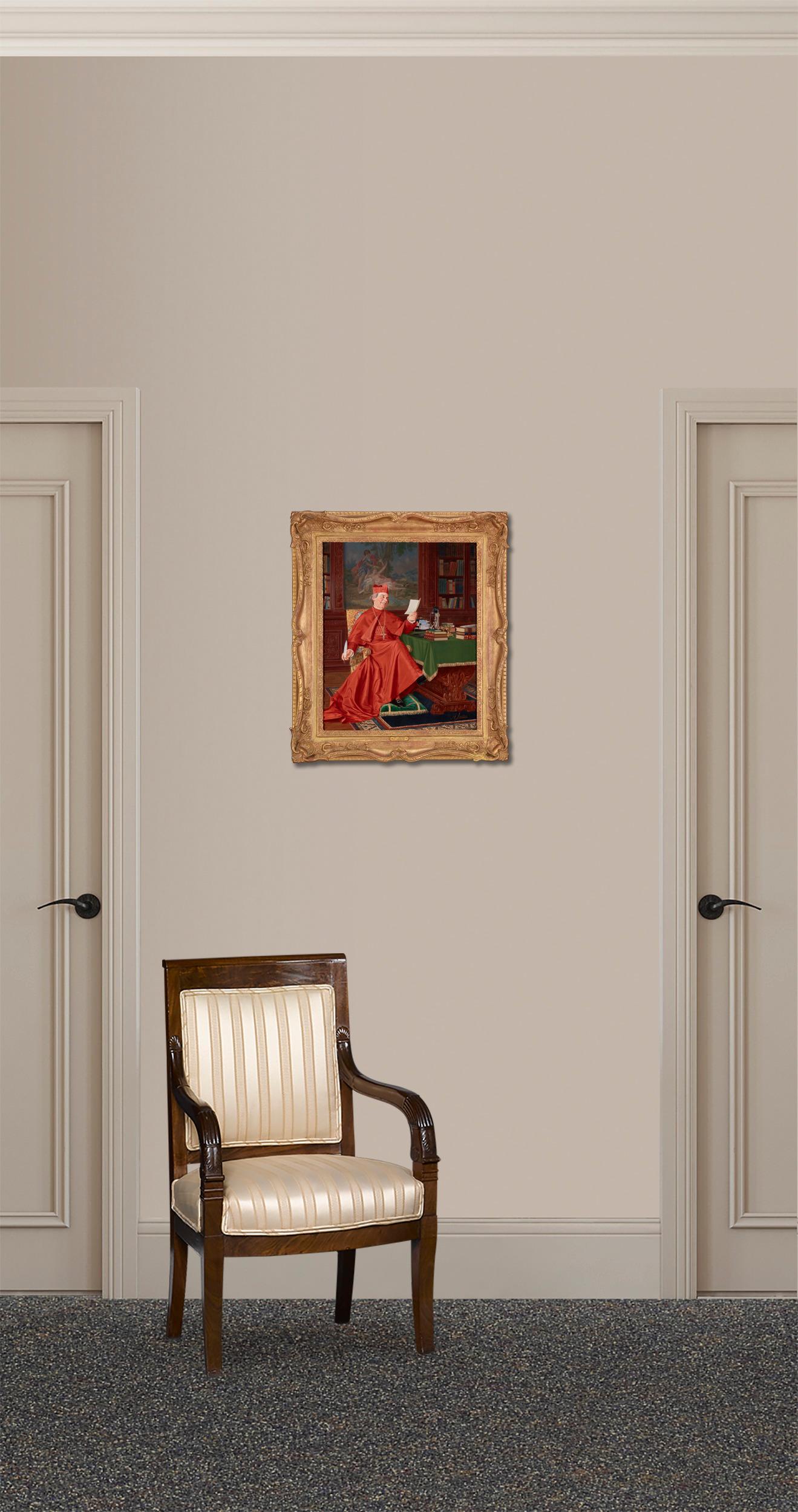 Un cardinal en robe rouge rit de la lettre qu'il tient dans sa main dans cette huile sur toile du peintre italien Andrea Landini. Cette pièce aux couleurs vives illustre le génie de l'artiste pour rendre des récits charmants avec des détails