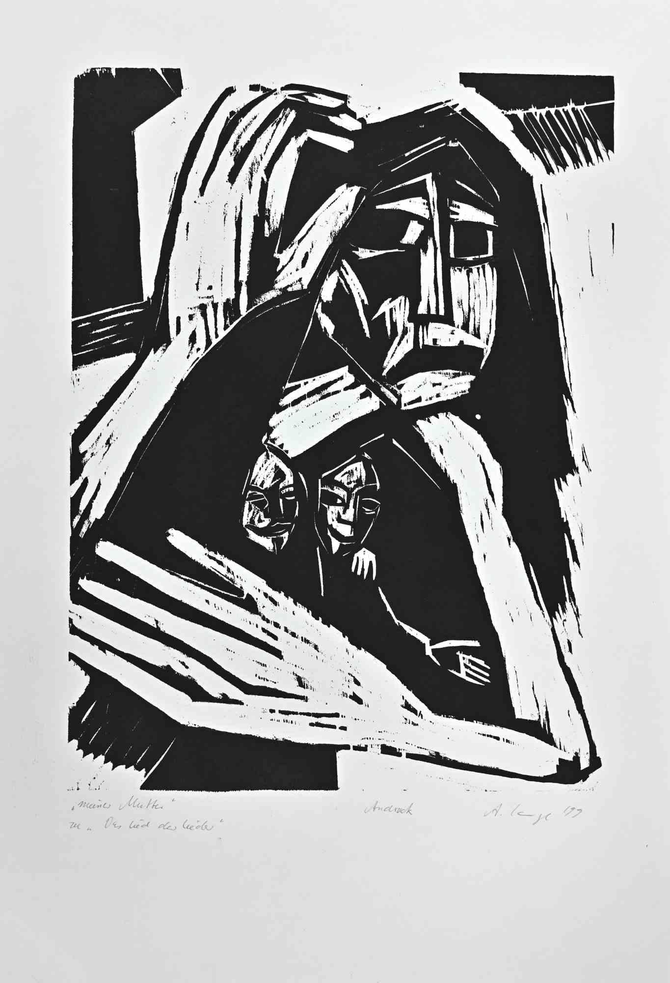  Meine Mutter is a woodcut print on ivory-colored paper realized in 1999 by Andrea Lange.

Hand-signed on the lower right and dated.

Titled"Andruck" on the lower center.

Good conditions.

The artwork through expressionistic characteristics is