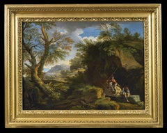 18th Century Andrea Locatelli Landscape With Figures oil on Canvas Green Blue