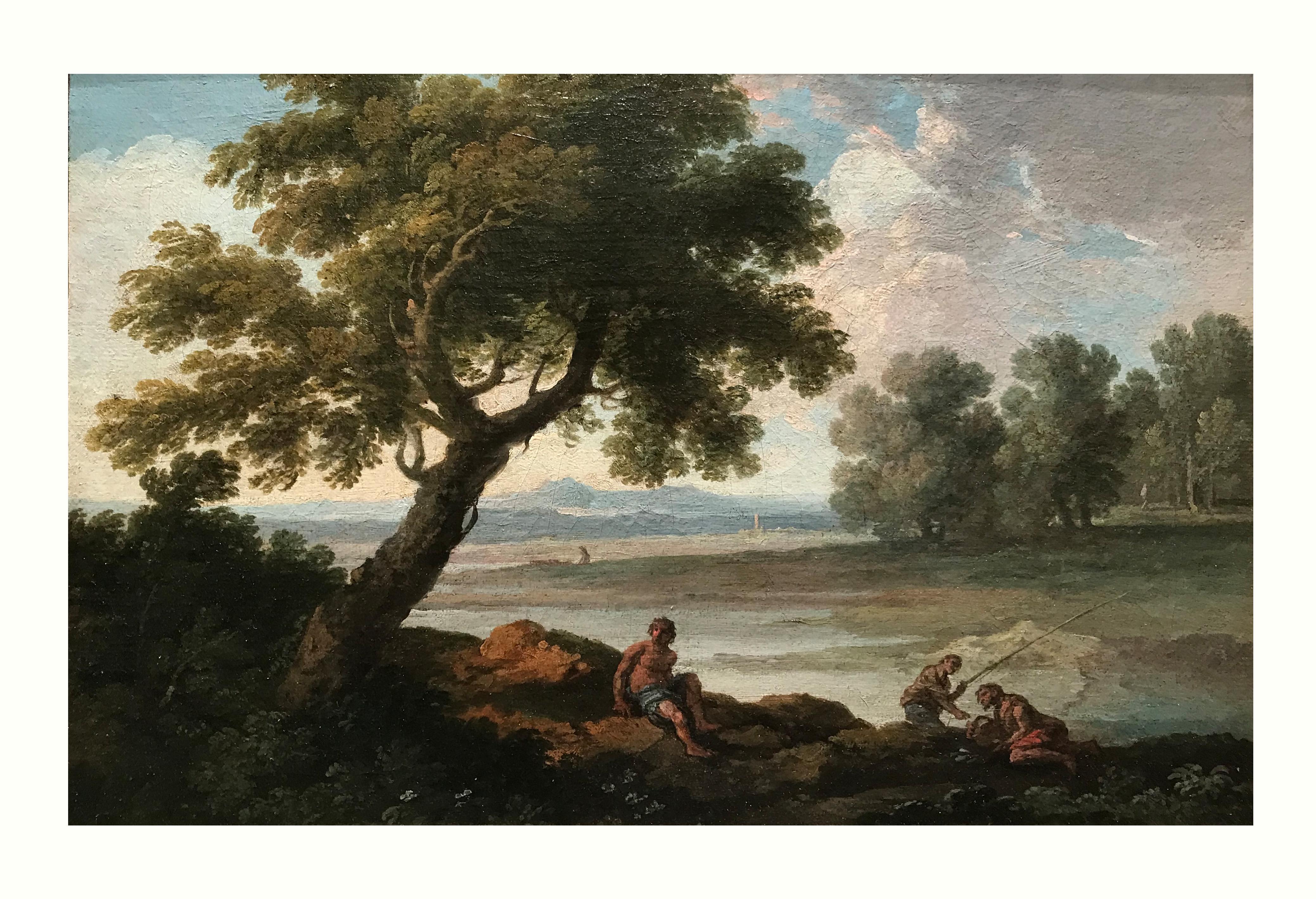 XVIII secolo di Andrea Locatelli Paesaggio con pescatore Olio su tela in vendita 1