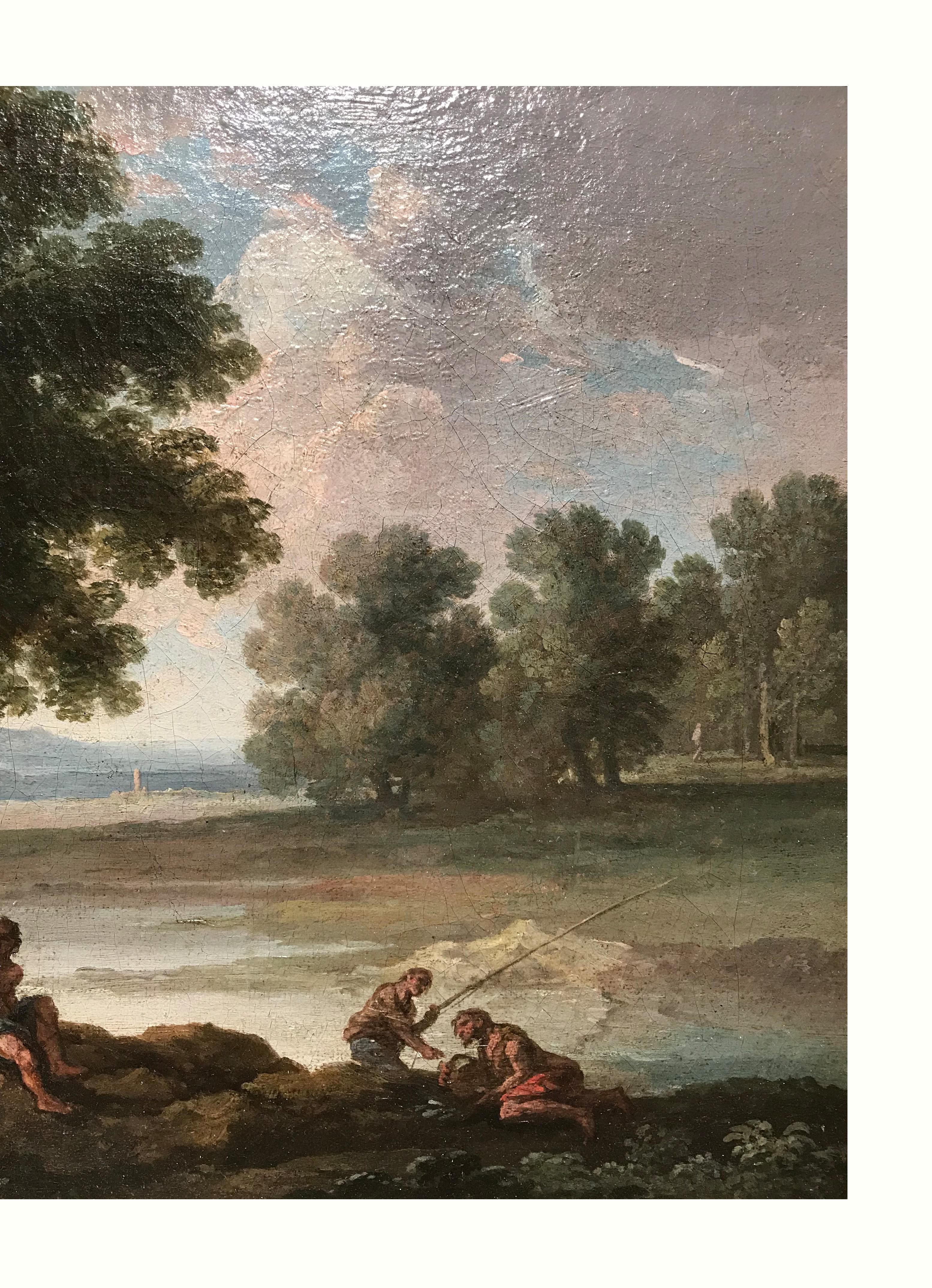 XVIII secolo di Andrea Locatelli Paesaggio con pescatore Olio su tela in vendita 3