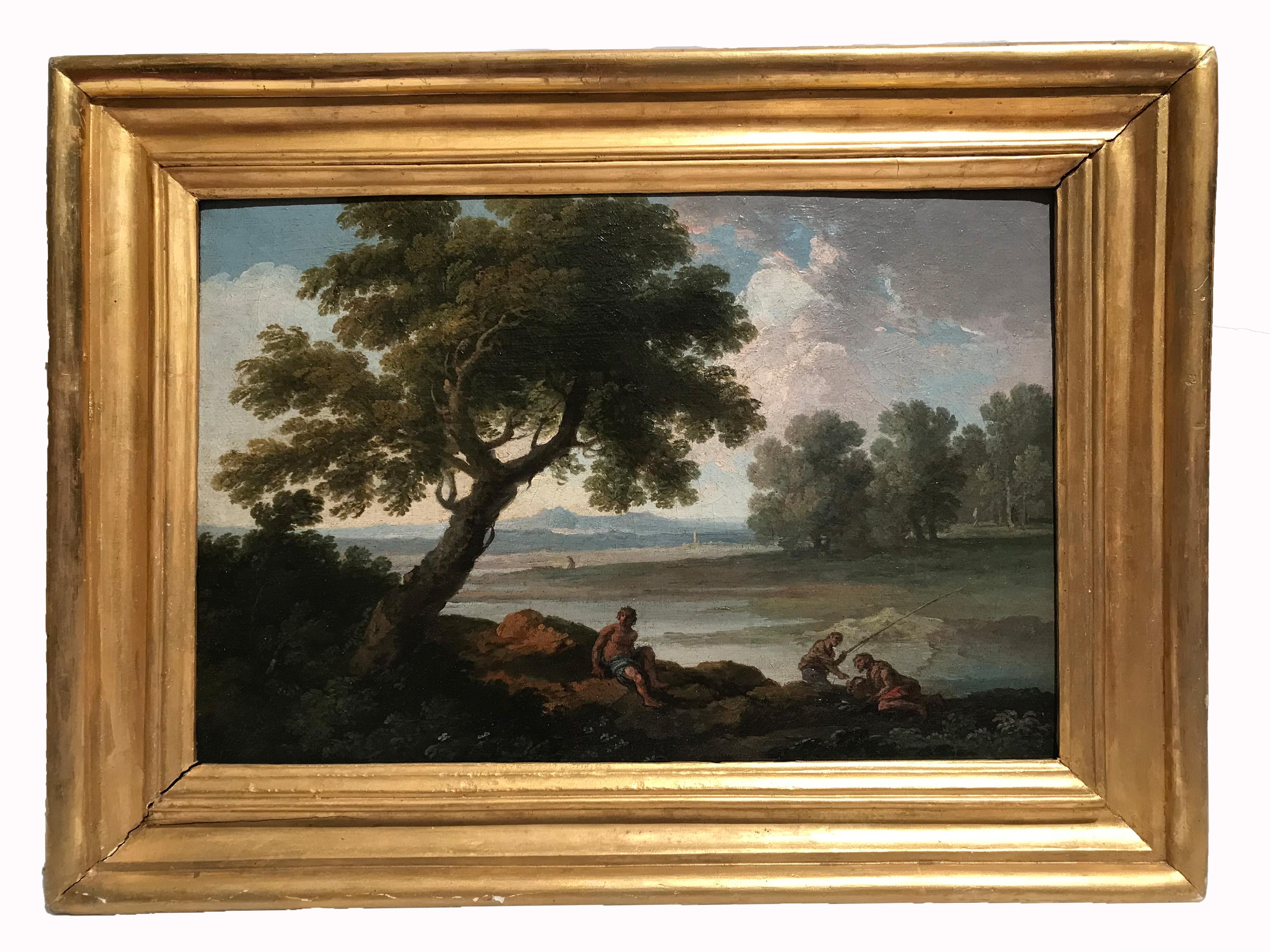 Siglo XVIII por Andrea Locatelli Paisaje con pescador Óleo sobre lienzo
