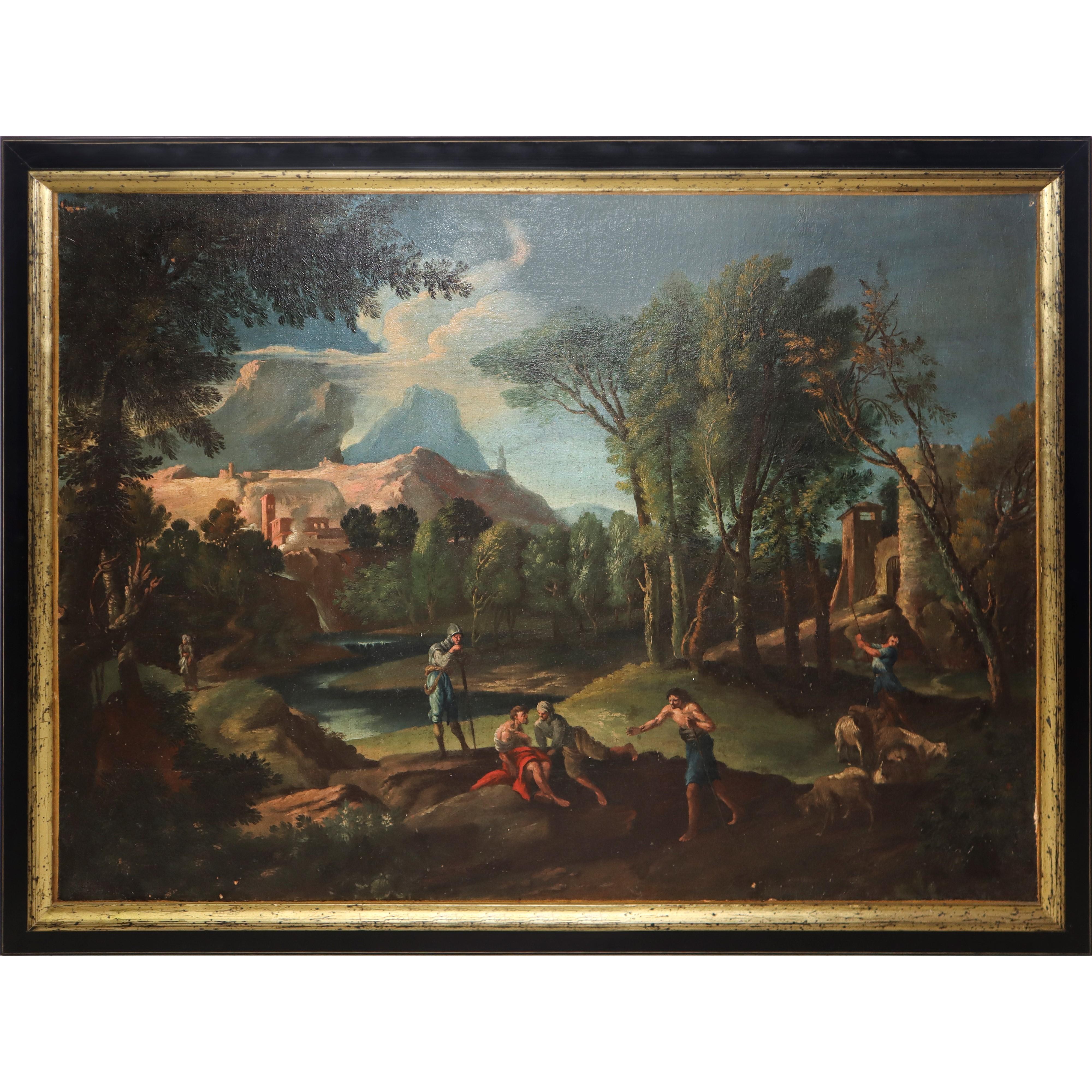 Andrea Locatelli
Öl auf Leinwand
72 x 100 cm - gerahmt H 83 x 110 cm
Die Szene, die Locatelli auf dem vorliegenden Gemälde darstellt, ist in einer typisch römischen Landschaft angesiedelt, die ländlich und lebendig ist und deren Komposition sich