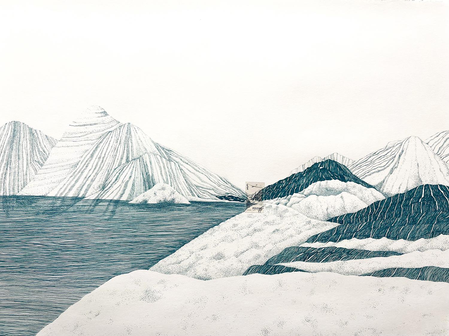 Poland (Glider) (Illustration of Glacial Landscape Around Vintage Stamp, Pencil) - Mixed Media Art by Andrea Moreau