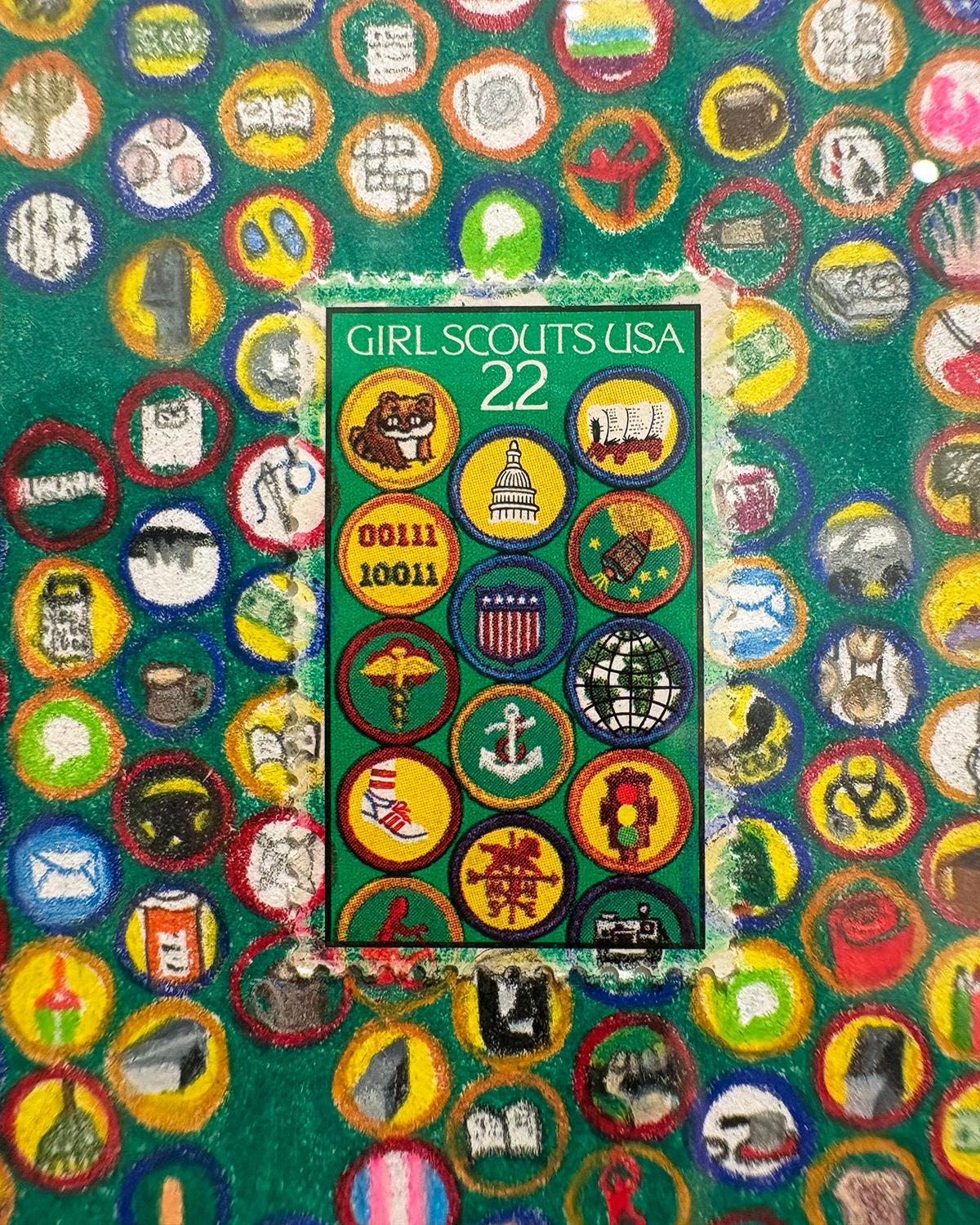 USA (Girl Scouts, Age 50 Version)
Stamp art w Colored Pencil Drawing by Andrea Moreau made in 2025
colored pencil and postage stamp on paper
30 x 22 inches
33 x 25 inches framed

This piece shows hundreds of badges which represent different moments