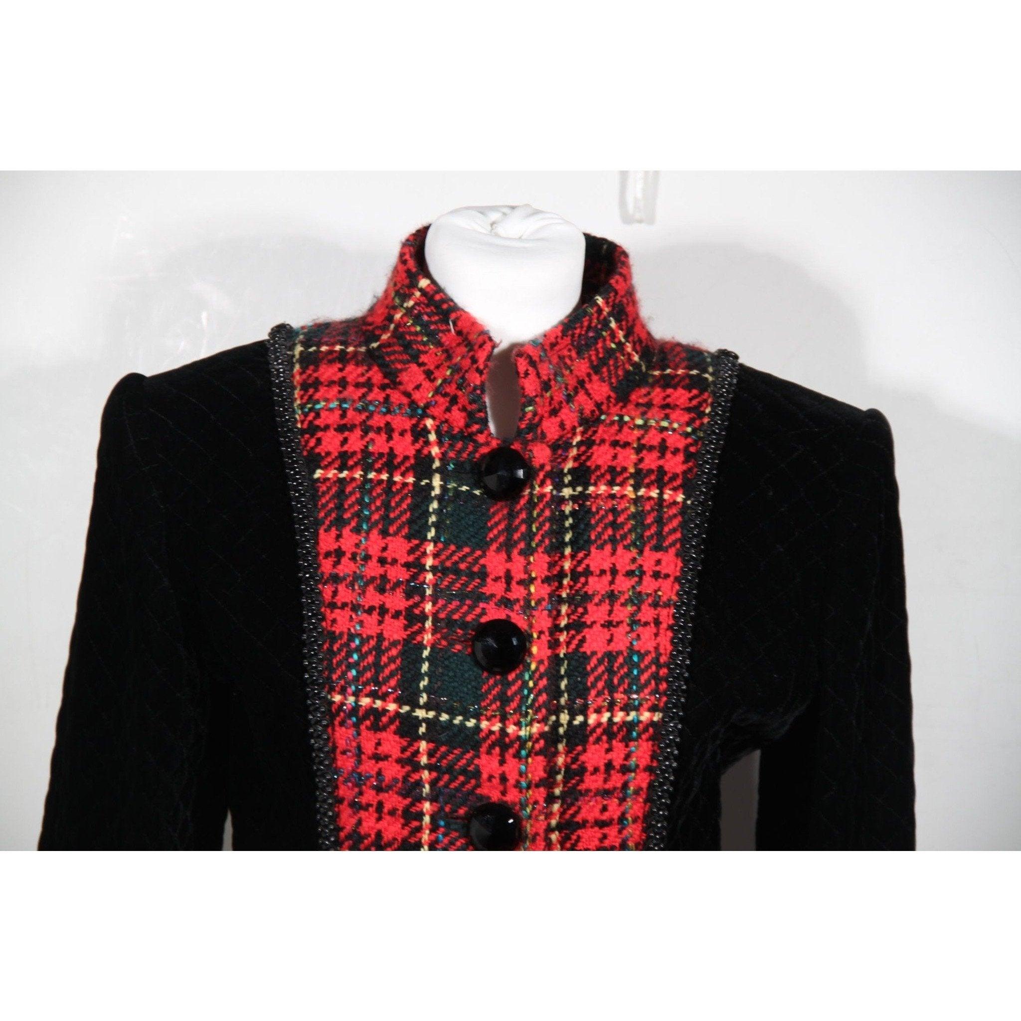 Andrea Odicini Vintage Schwarzer Samt Roter Tartan-Mantel Robe Manteau im Angebot 3