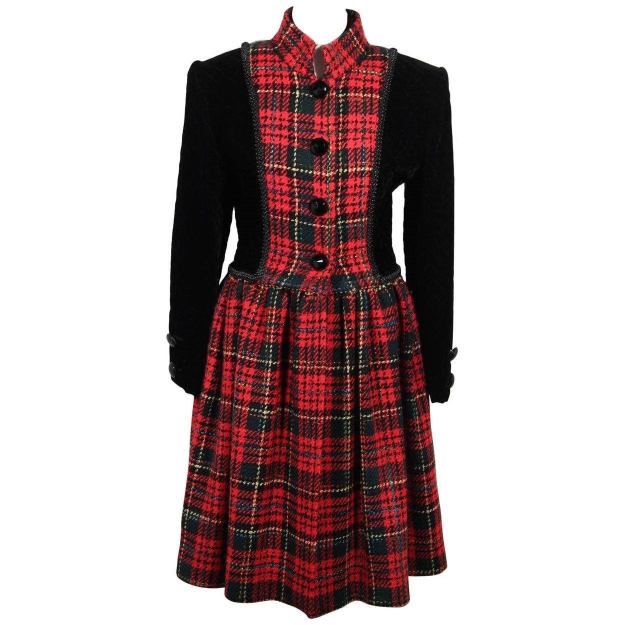 Andrea Odicini Vintage Schwarzer Samt Roter Tartan-Mantel Robe Manteau im Angebot
