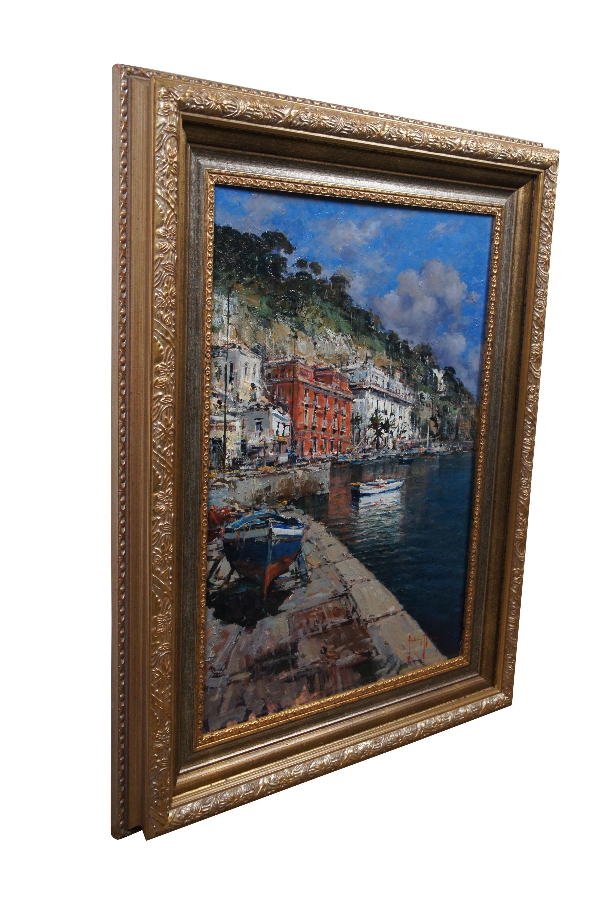 Late 20th century Italian seascape oil painting on board titled Posillipo by Andrea Patrisi, depicting a harbour view of the residential area of Posillipo on the Gulf of Naples. Signed in lower right corner. Signed and titled on reverse. Beveled