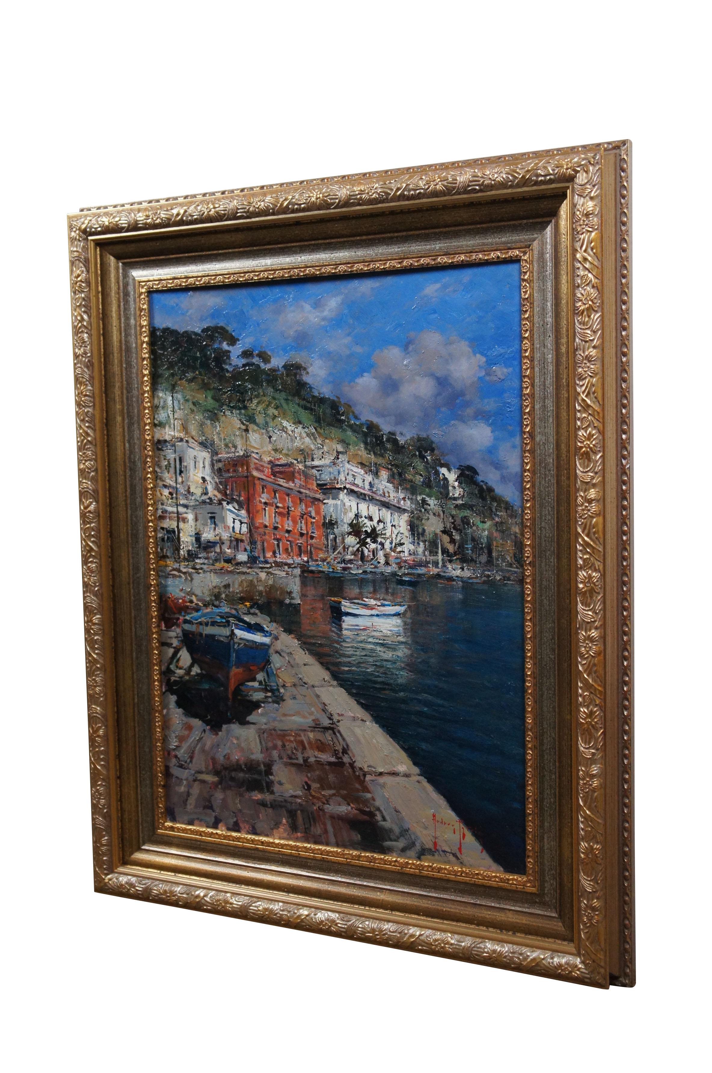 Expressionist Andrea Patrisi Posillipo Naples Nautical Harbour Boat Oil Painting on Board 37