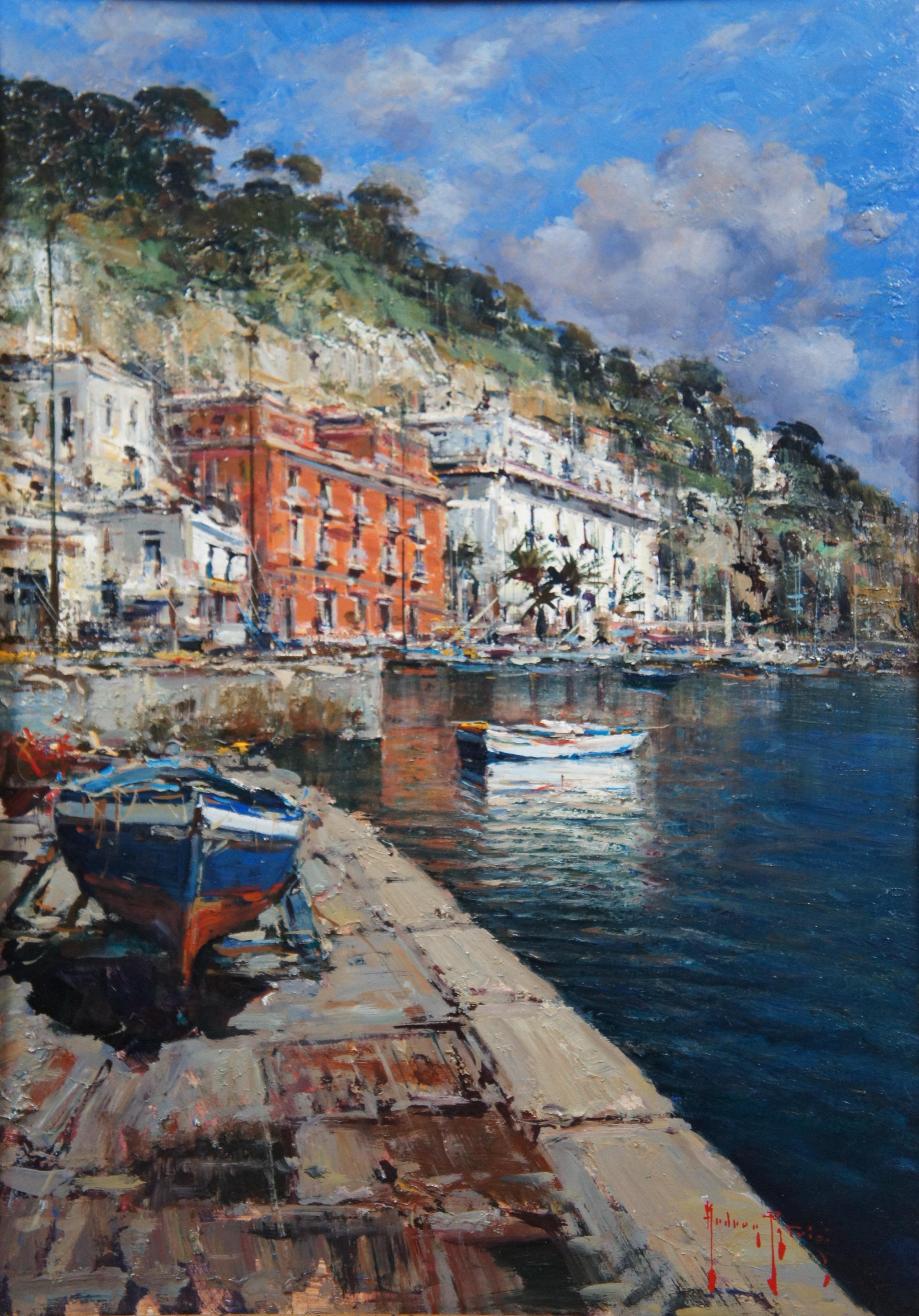 Andrea Patrisi Posillipo Naples Nautical Harbour Boat Oil Painting on Board 37