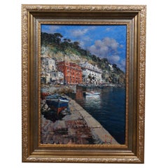 Andrea Patrisi Posillipo Naples Nautical Harbour Boat Oil Painting on Board 37"