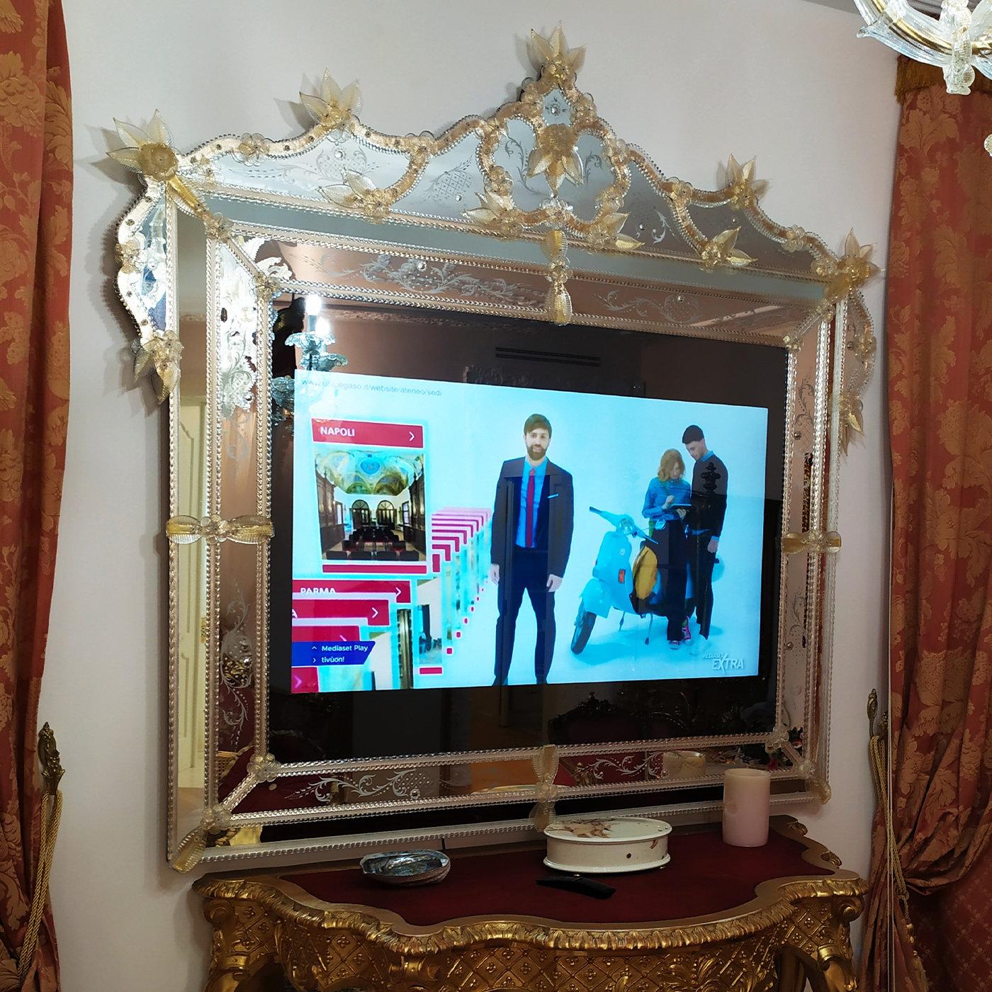 Italian Andrea Polo Murano Glass Mirror with TV For Sale