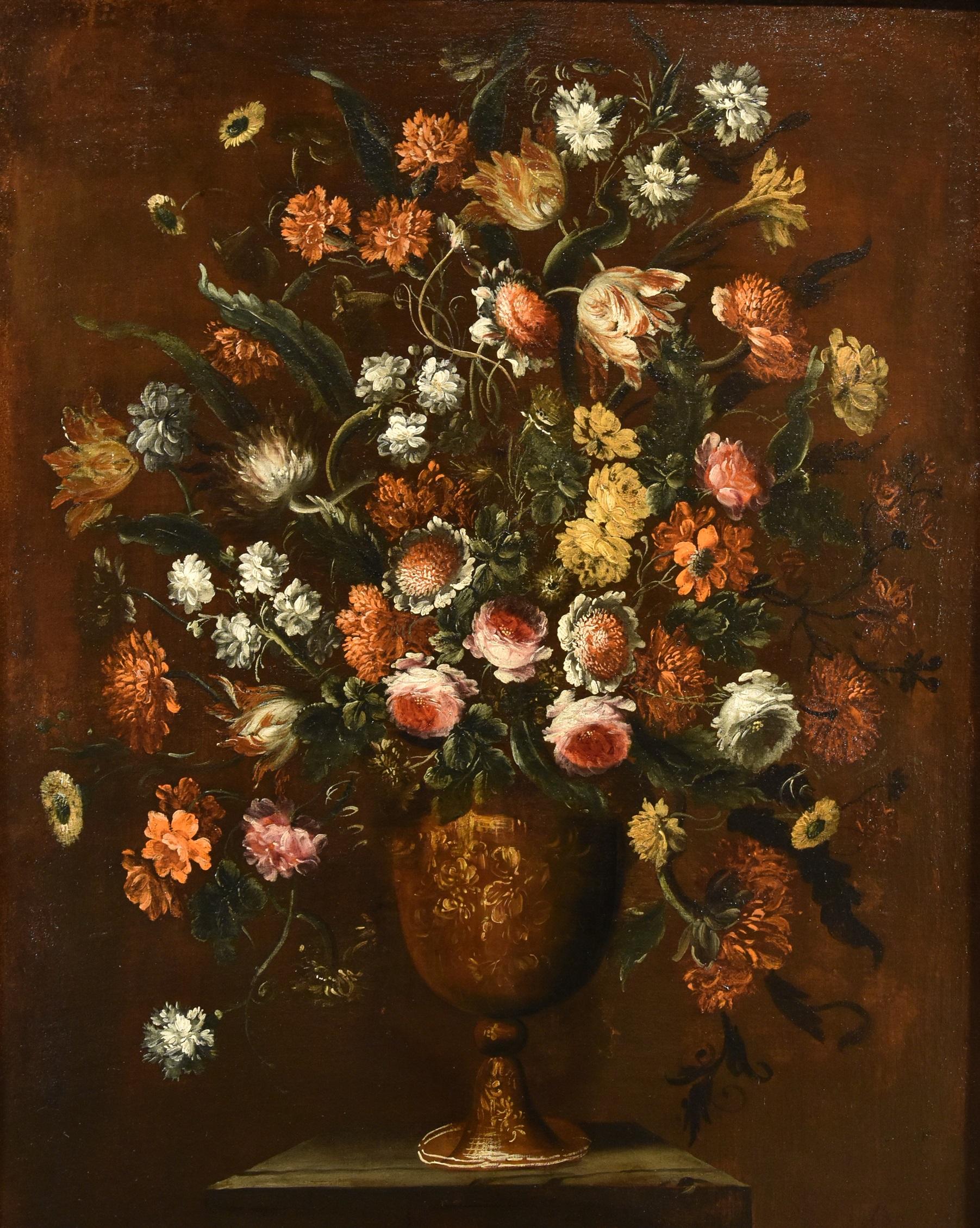Andrea Scacciati (Florenz 1642-1710)
Komposition von Blumen in geprägter Vase (1 von 3)

Öl auf Leinwand
130 x 90 cm
In antikem Rahmen 145 x 105 cm.

Arbeit mit Fachwissen von Prof. Emilio Negro

Antiker Rahmen, mit Mängeln und fehlend. Malerei in