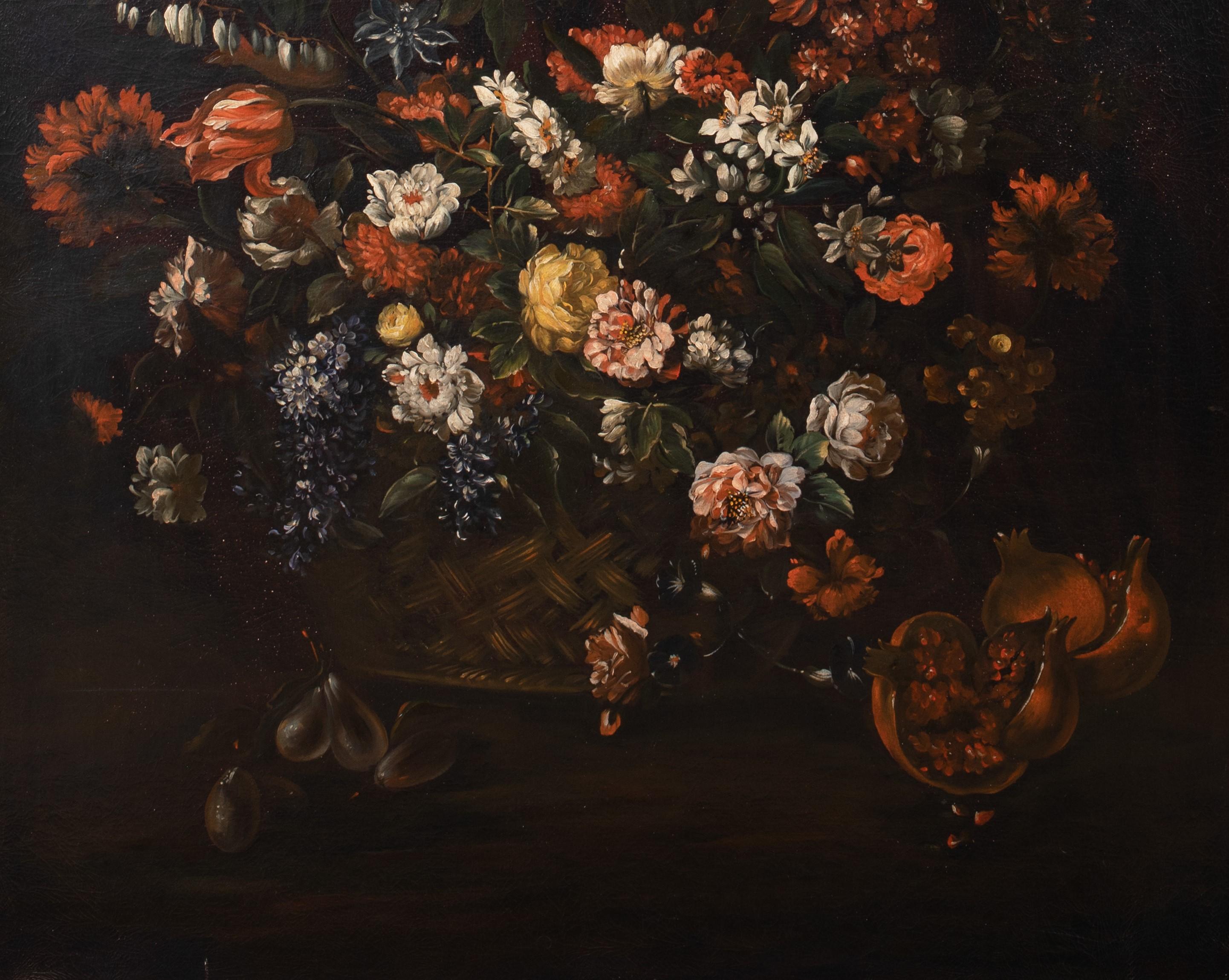 Still Life Of Flowers & Fruit, circa 1700

circle of Andrea I SCACCIATI (1642-1710) 

Huge circa 1700 Italian Old Master still life of flowers including peony, tulips and lilacs in a basket on a ledge with pomegranates and plums, oil on canvas. Rare
