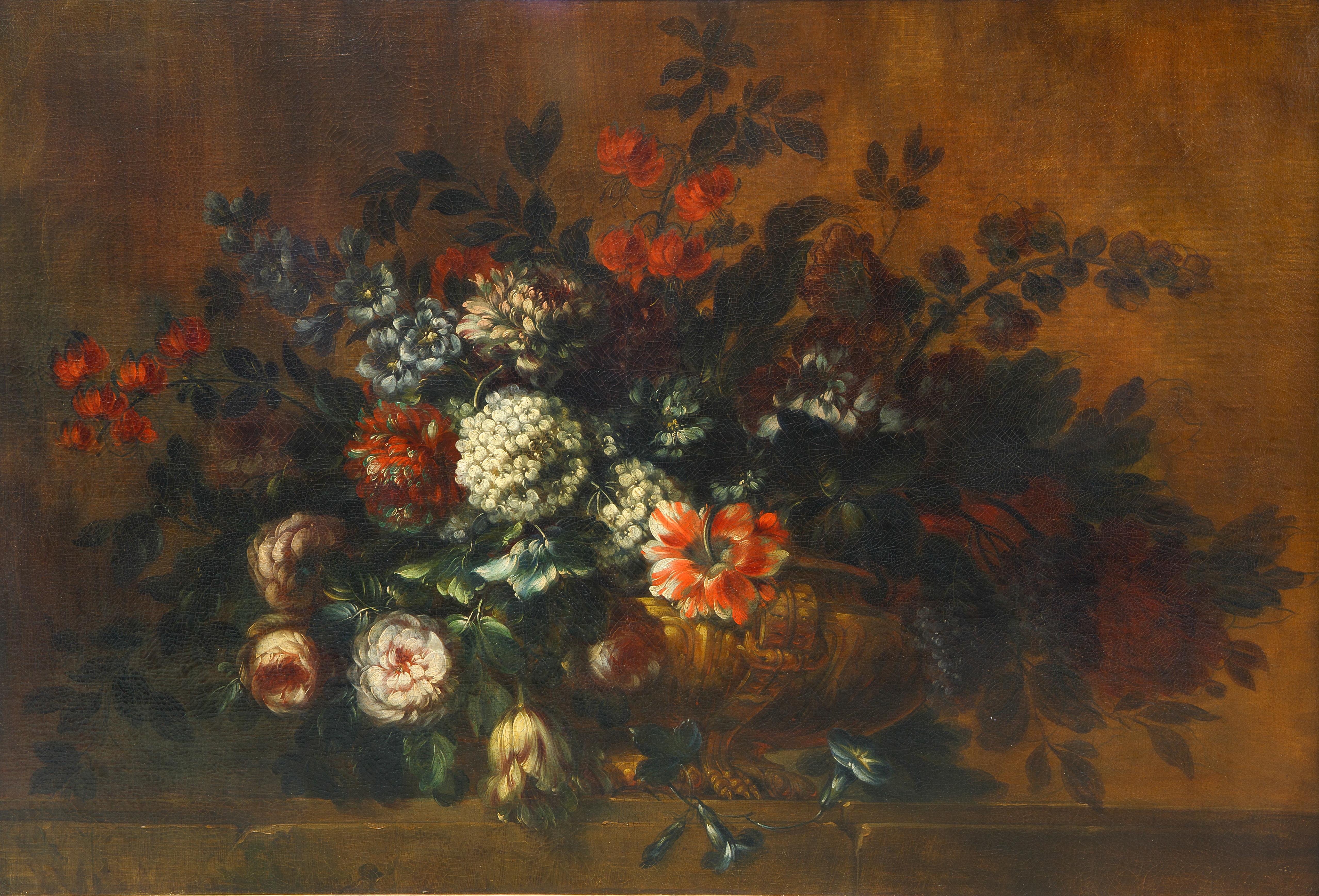 Tulips, lilys, hyacinths and dahlias in a bronze vase, oil on canvas. - Baroque Painting by Andrea Scacciati