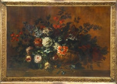 Antique Tulips, lilys, hyacinths and dahlias in a bronze vase, oil on canvas.