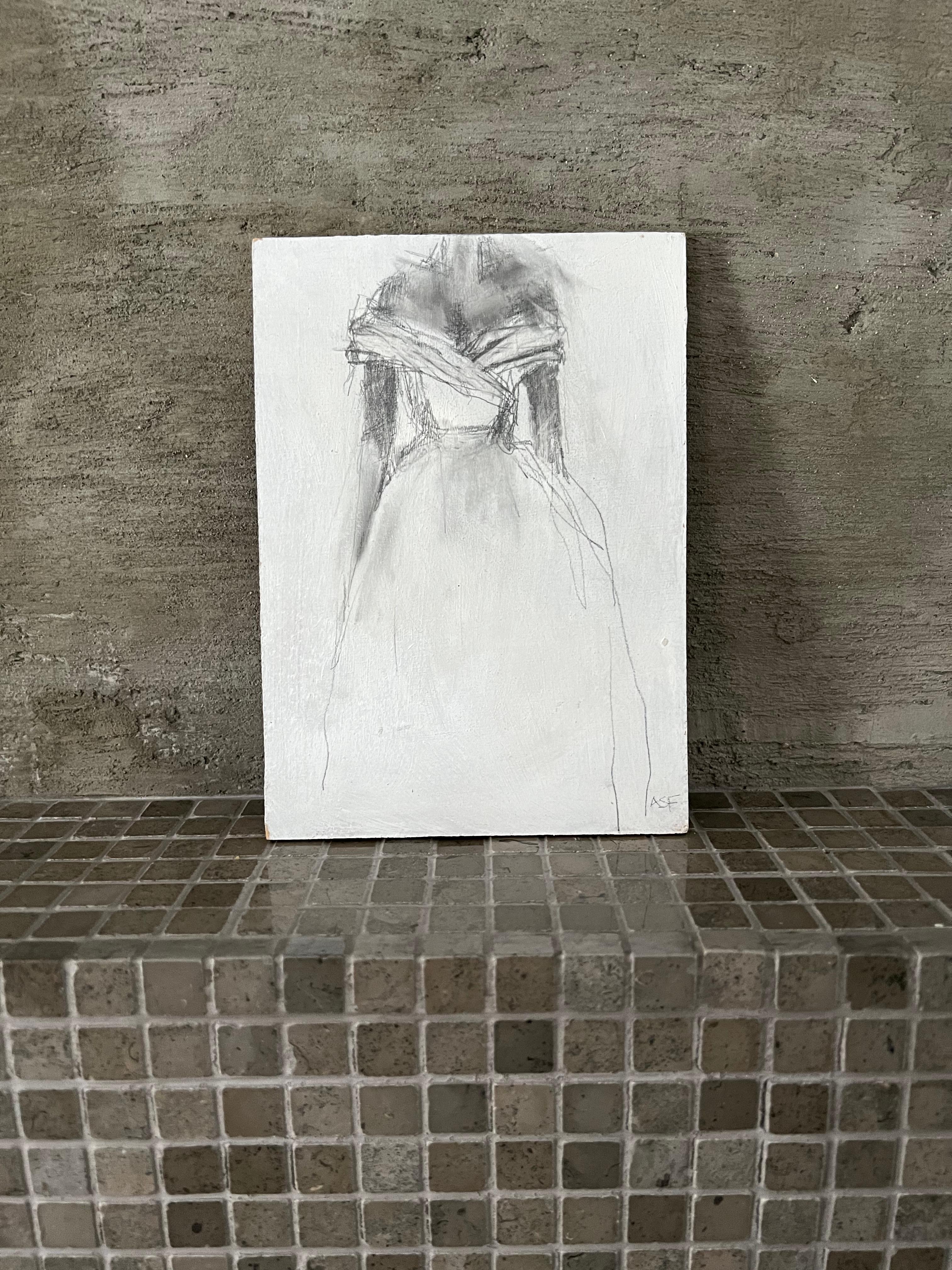 A Beautiful Mess - 5”x7”, Acrylic, Pencil, White Dress, Original Artwork For Sale 6
