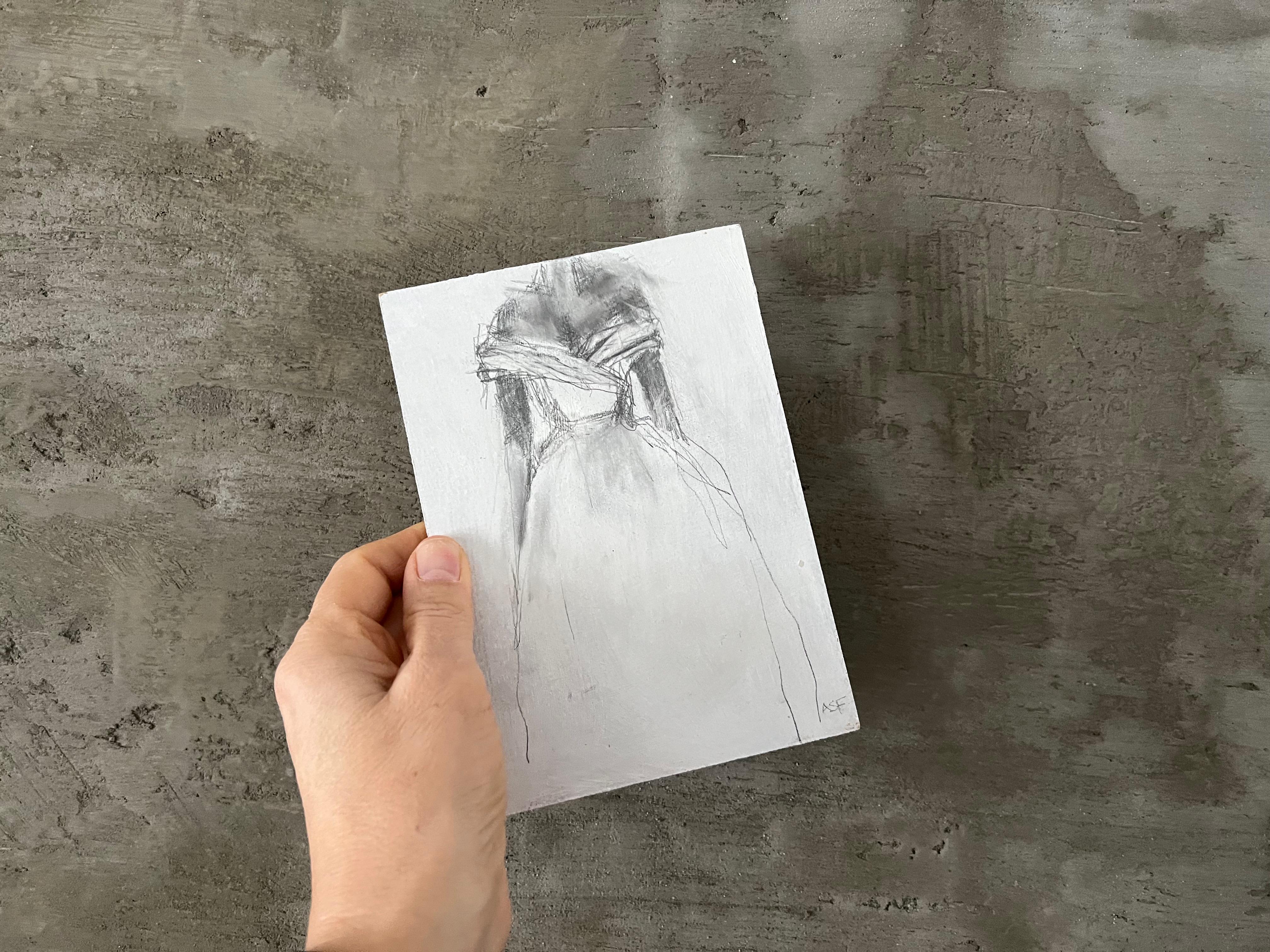 A Beautiful Mess - 5”x7”, Acrylic, Pencil, White Dress, Original Artwork For Sale 9