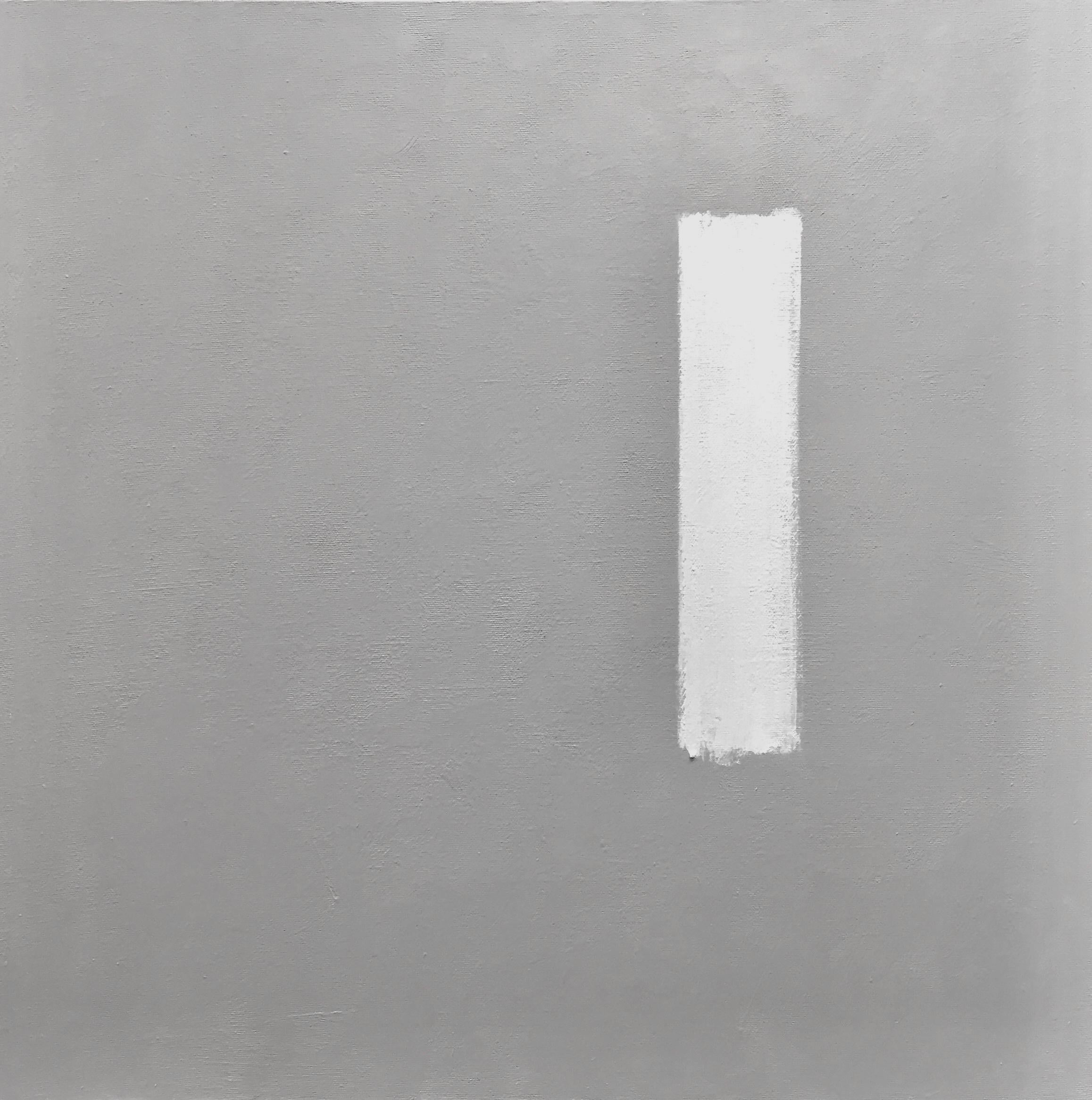 Contemporary abstract painting, modern and minimal with emphasis on simplifying the composition. Multiple layers of grey paint build up a quiet texture in the background while the white brush stroke commands attention. Understated yet engaging, it