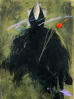 Eine einzelne Tulpe - 5 "x7", Schwarzes Kleid, Stillleben, Grün, Orange