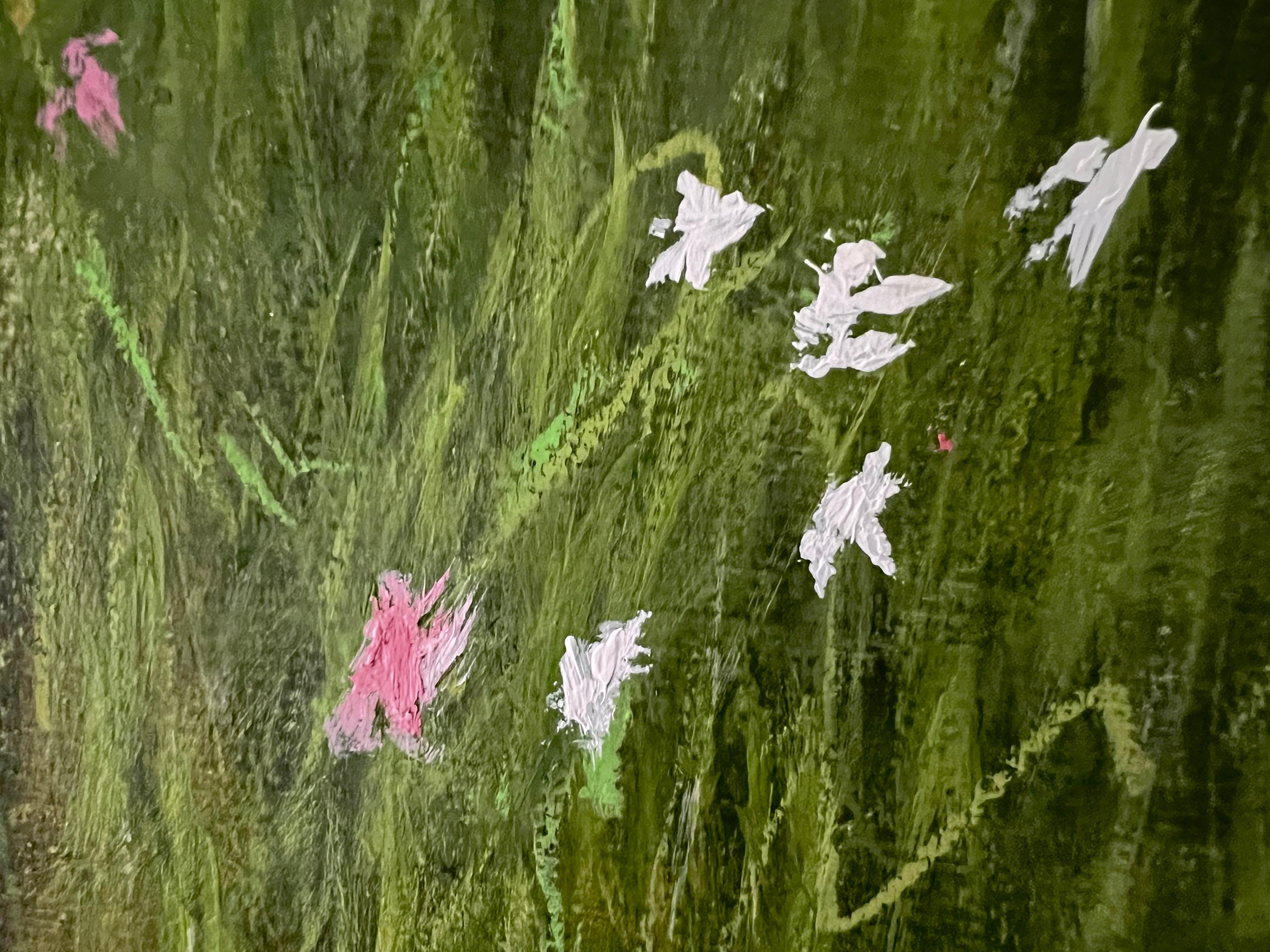 A Walk In The Grass - This original artwork on watercolour paper captures a vibrant, expressive field of grass, where a few delicate white and pink flowers emerge. An array of lush greens, layered with strokes of acrylic paint and oil pastel create