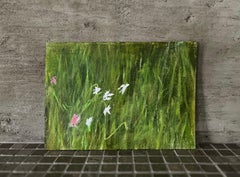 A Walk In The Grass, 5"x7" Artwork On Paper, White Pink Flowers, Green Landscape