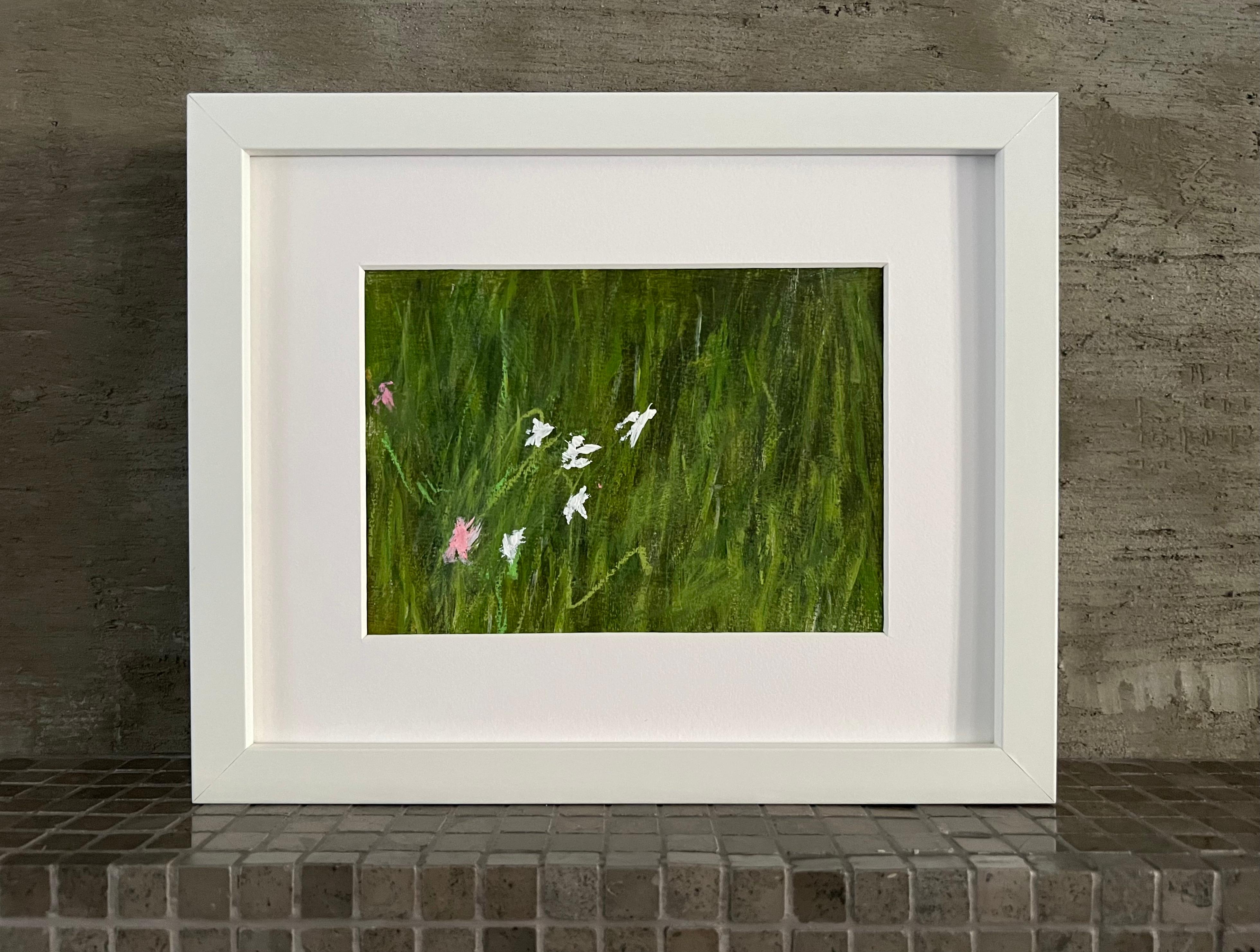 A Walk In The Grass, 8"x10", Artwork On Paper, Framed, Green, White Flowers
