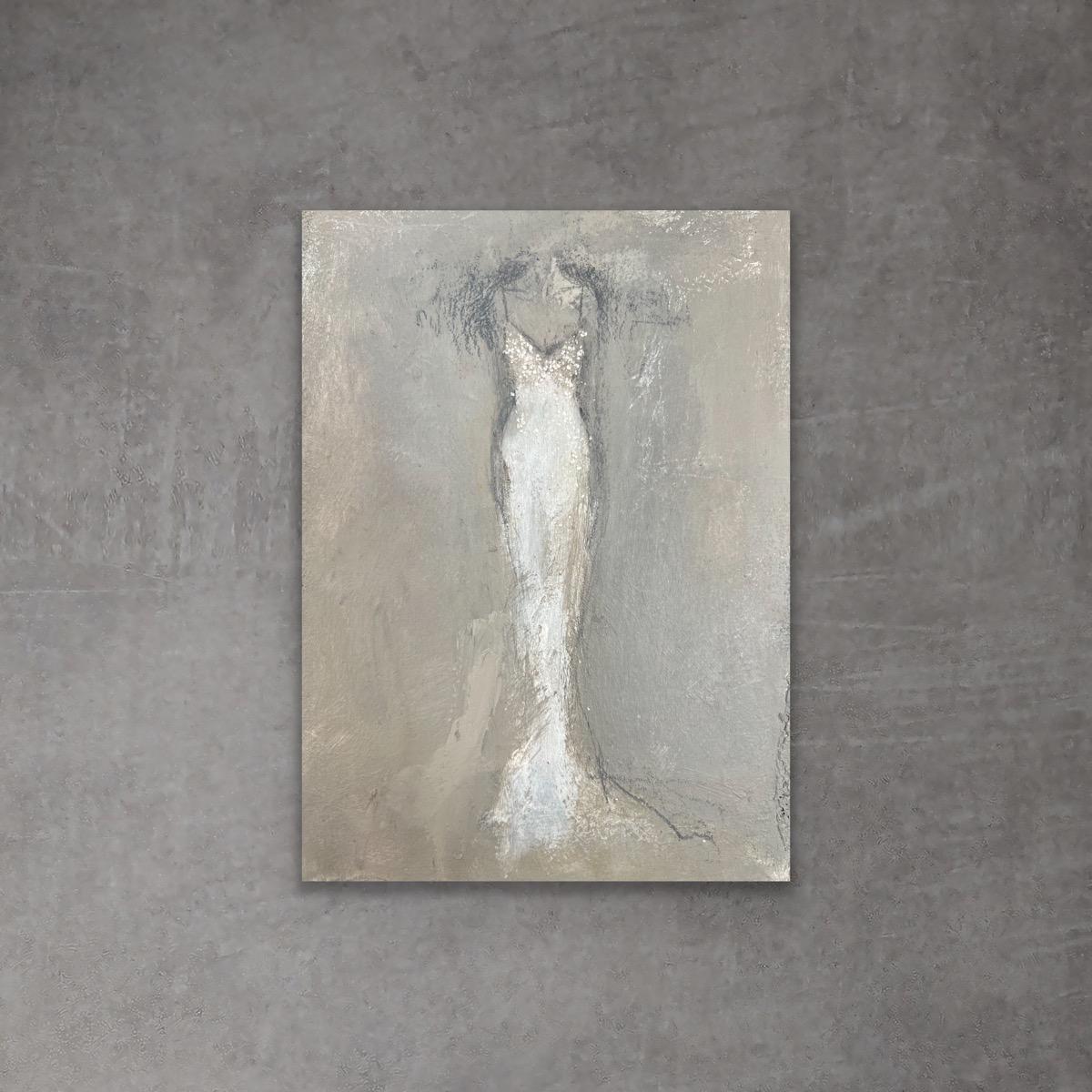 A Whiter Shade Of Pale - 5"x7", White Dress, Grey, Feminine, Figurative Painting - Art by Andrea Stajan-Ferkul