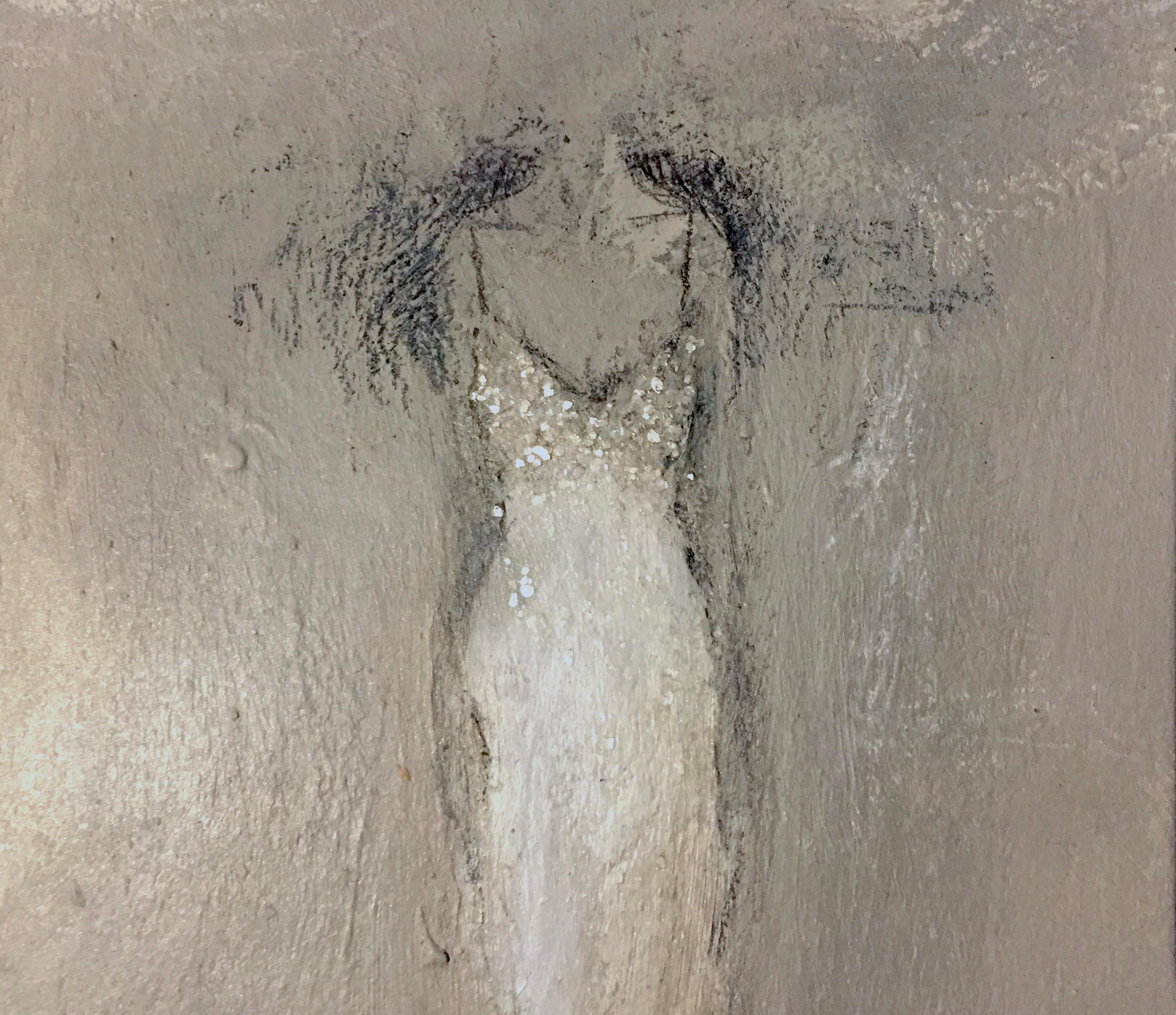 In this delicate dress painting on masonite, the combination of paint, pencil and mixed media build up a textured, figurative composition. A blend of detail and loose brush work communicates a feminine, ethereal impression with an outcome both
