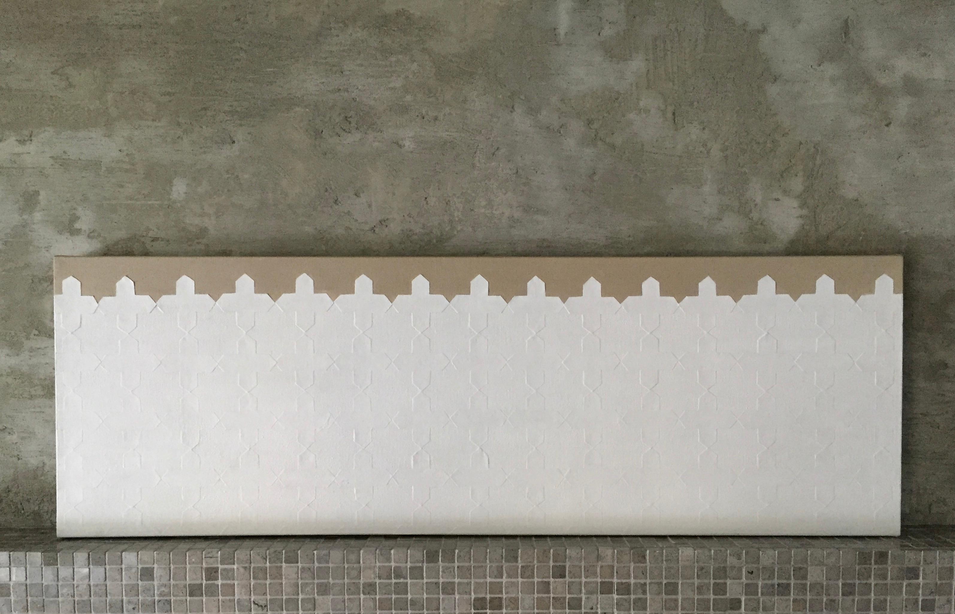 Tout dans l'ordre - 36"x12", peinture abstraite, minimale, motif géométrique, gris, brun clair
