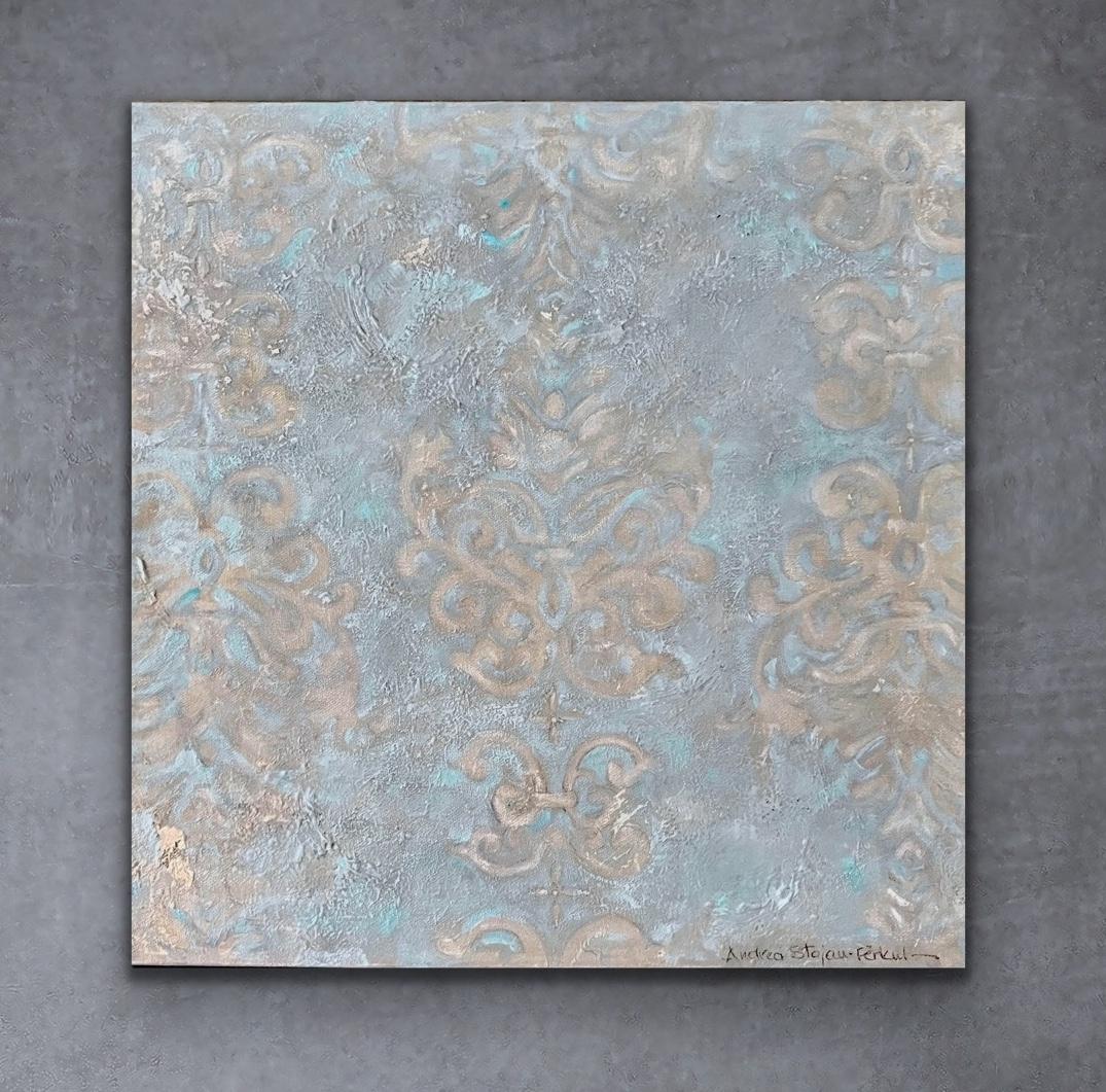 Damasco Azul - 16 "x16", Pintura Abstracta, Patrón Texturado, Azul, Blanco