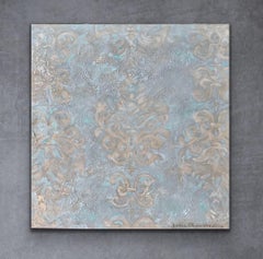 Damasco Azul - 16 "x16", Pintura Abstracta, Patrón Texturado, Azul, Blanco