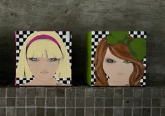 Ragazza dagli occhi blu + ragazza dagli occhi marroni -2 dipinti originali su tela, 4 "x4" ciascuno