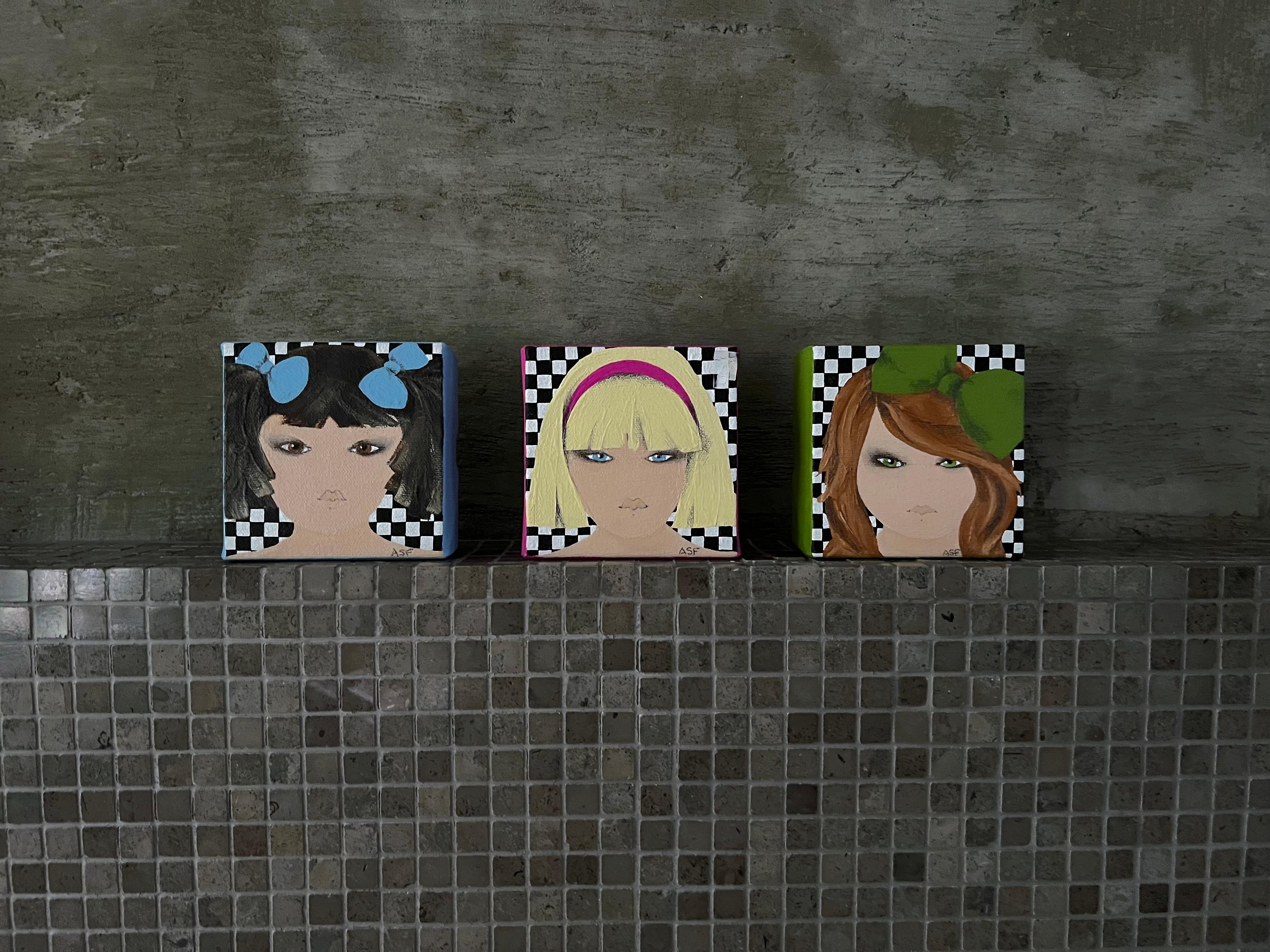 Brown, Blue & Green Eyed Girls -3 Originalgemälde auf Leinwand, je 4 