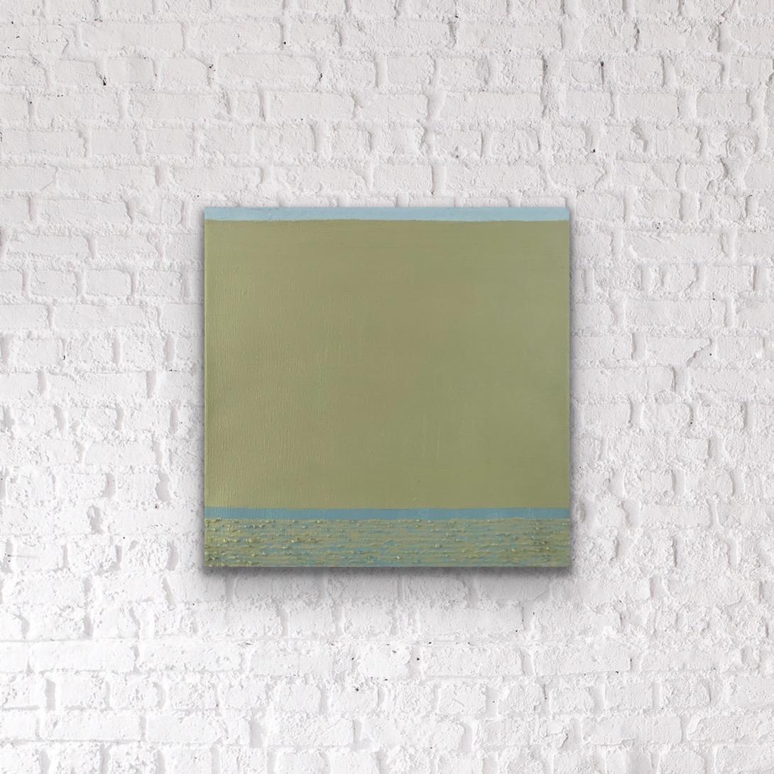 Calm And Cool - 8 Zoll x 8 Zoll, Grün, Blau, abstraktes Gemälde, minimalistische Landschaft im Angebot 13