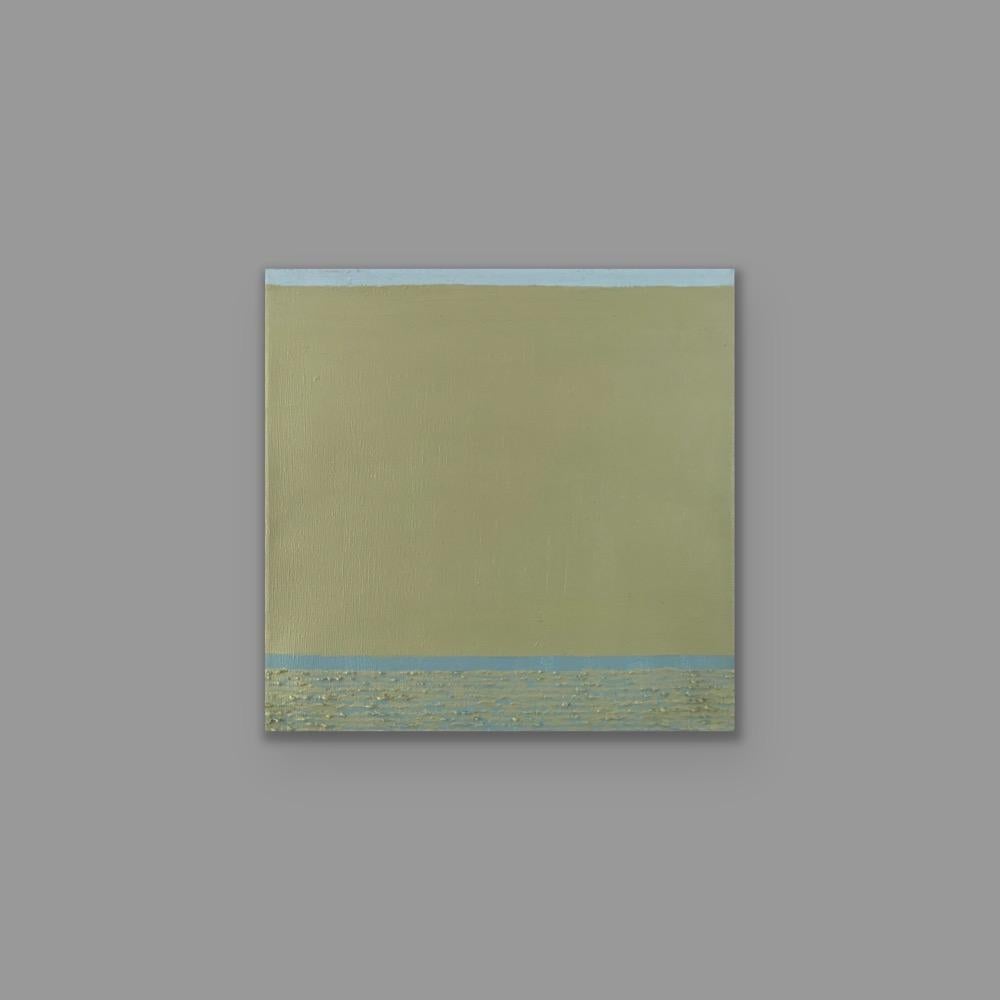 L'art minimal a beaucoup à dire. Dans cette peinture abstraite sur toile, l'accent est mis sur une composition simplifiée. Les détails linéaires et texturés créent une dimension subtile dans une combinaison harmonieuse de vert et de bleu. Une