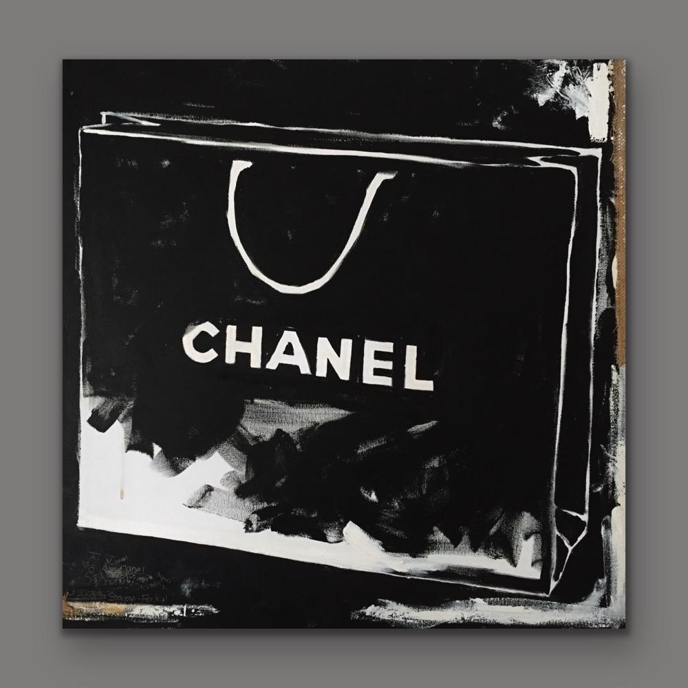 Andrea Stajan-Ferkul - Coco - (36x36, Black And White Chanel Shopping Bag  Painting, Fashion House) For Sale at 1stDibs