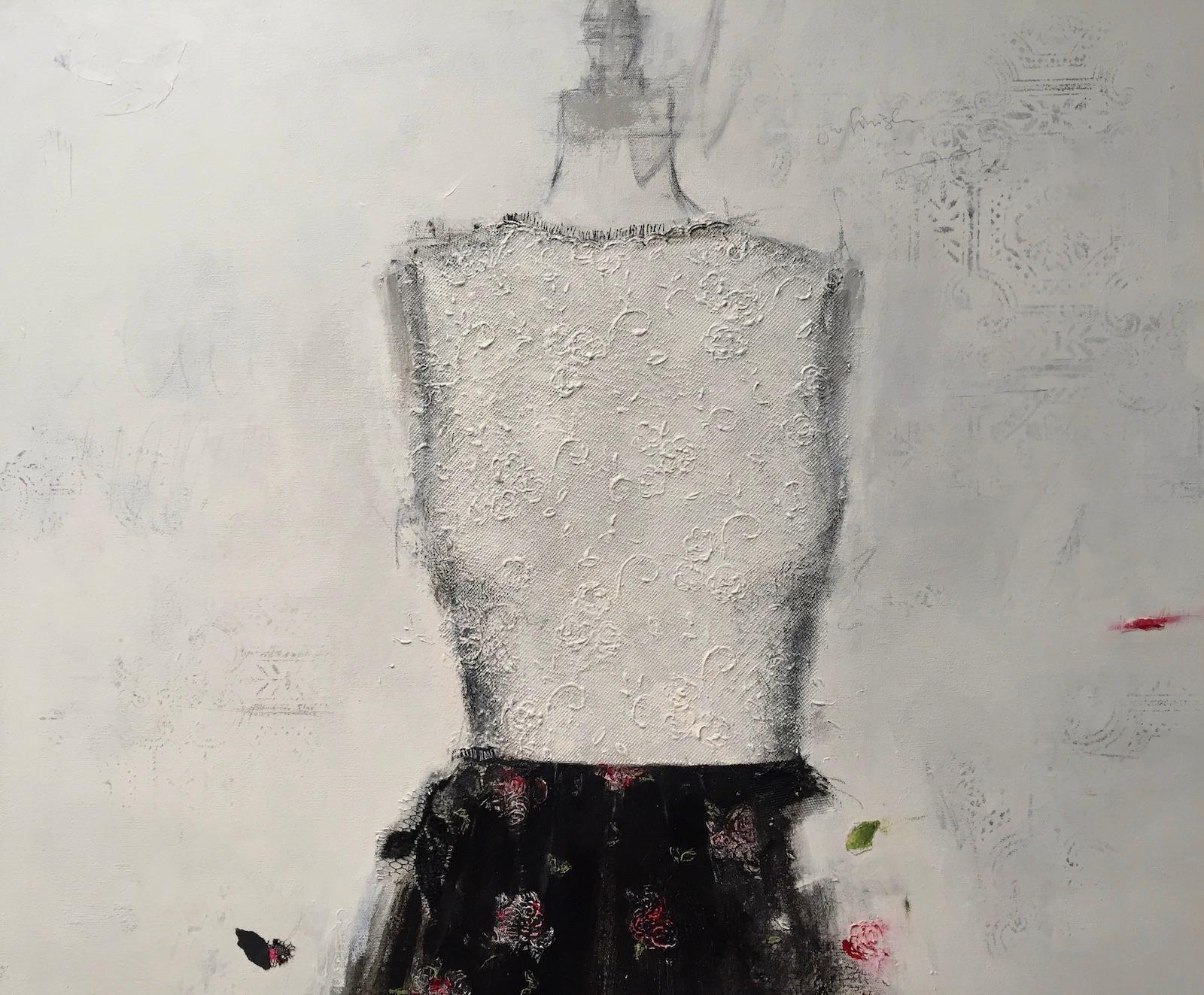 Both expressive and refined, this dress painting features an interplay of paint, pencil and textile. Textures, collage and tone on tone layering create a sense of dimension and movement. Intricate detail blends with intuitive mark-making
