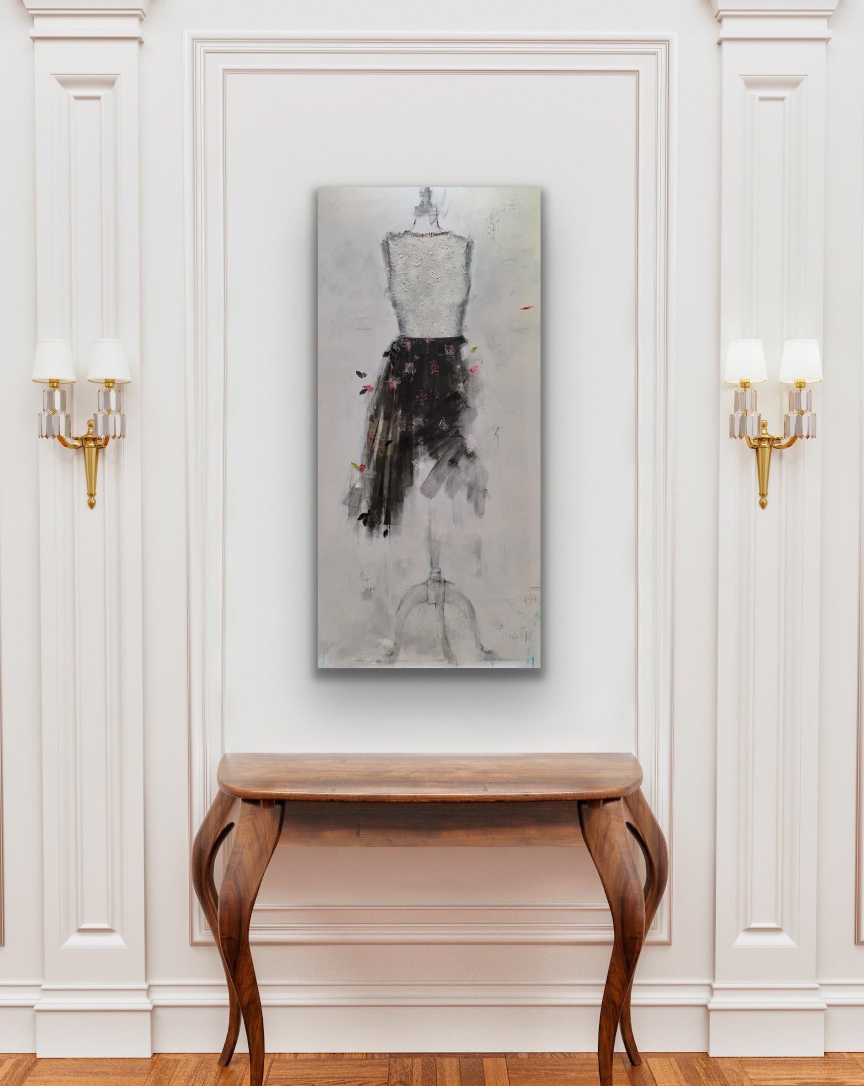 Chantilly Lace And A Pretty Place - 30”x60”, Black, Off White, Dress Painting For Sale 18