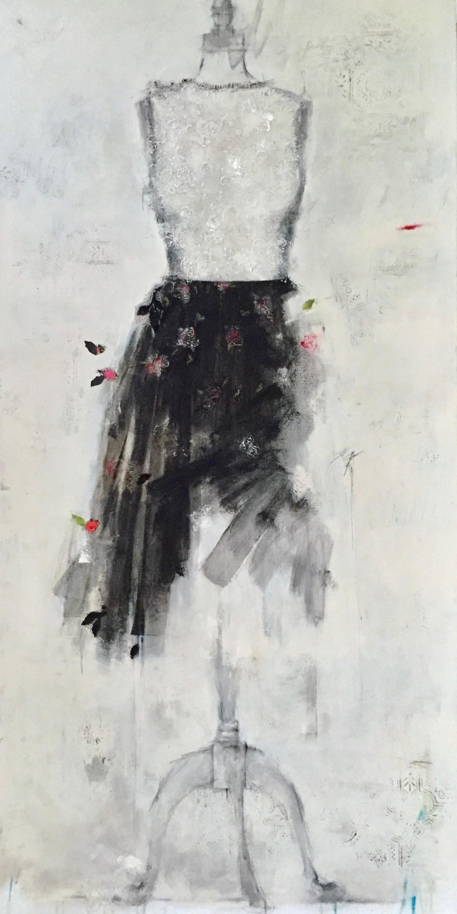 Encaje de Chantilly Y Un Lugar Bonito - 30 "x60", Pintura Vestido Floral, Figurativo