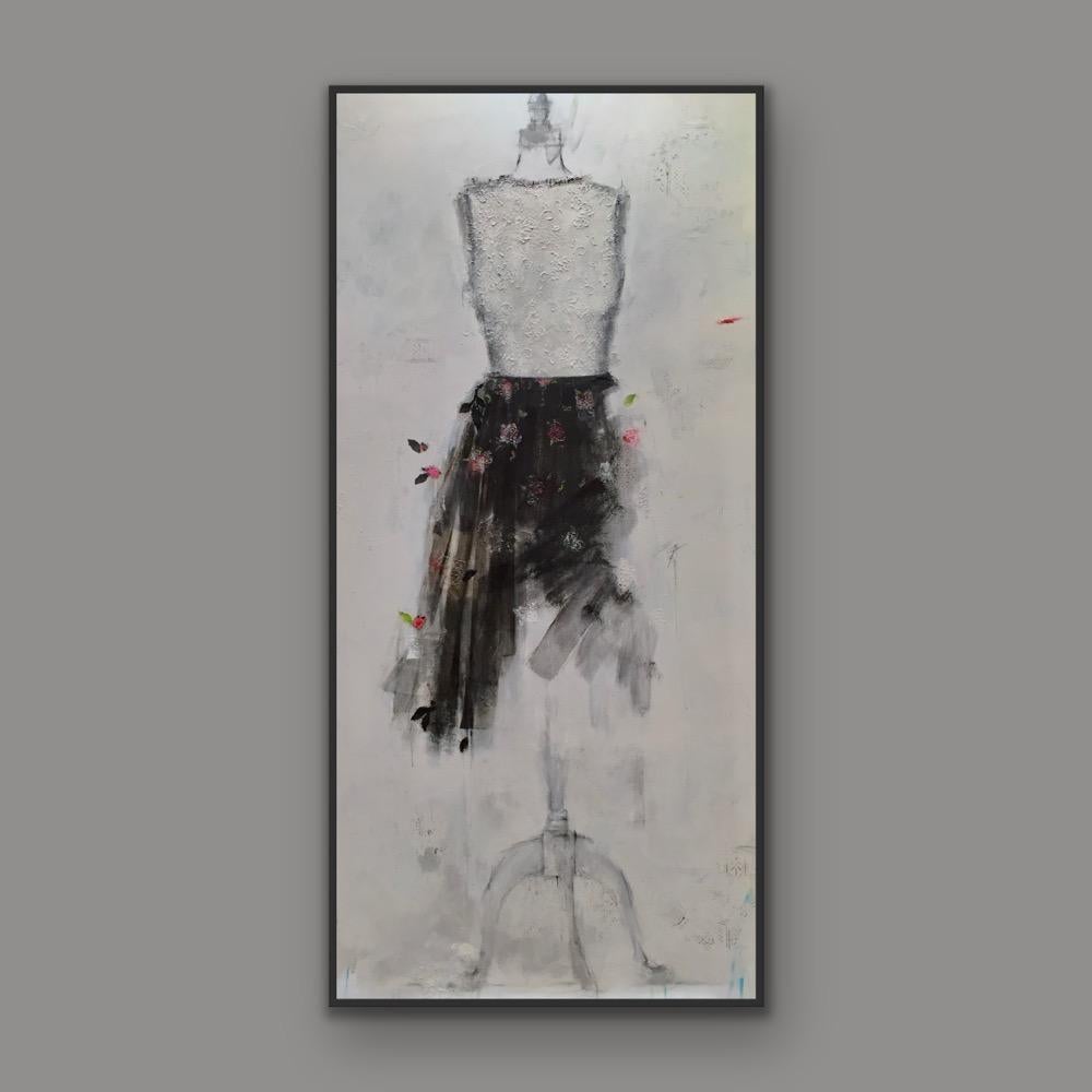 Chantilly-Spitze und ein hübscher Ort (Dress 26), 30x60, Schwarz, Weiß, Gemälde im Angebot 12