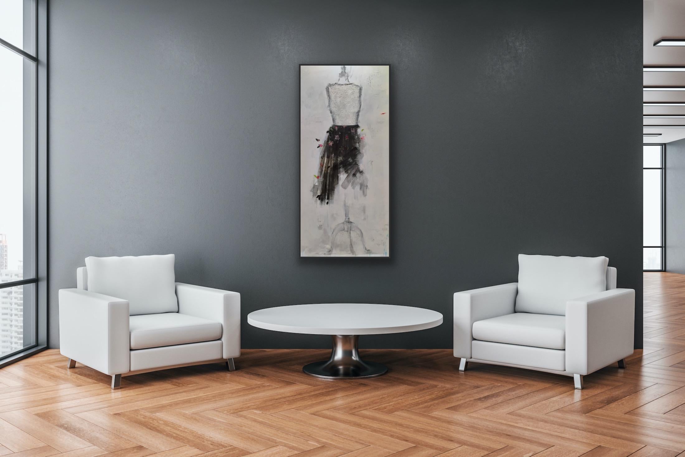 Chantilly-Spitze und ein hübscher Ort (Dress 26), 30x60, Schwarz, Weiß, Gemälde im Angebot 15