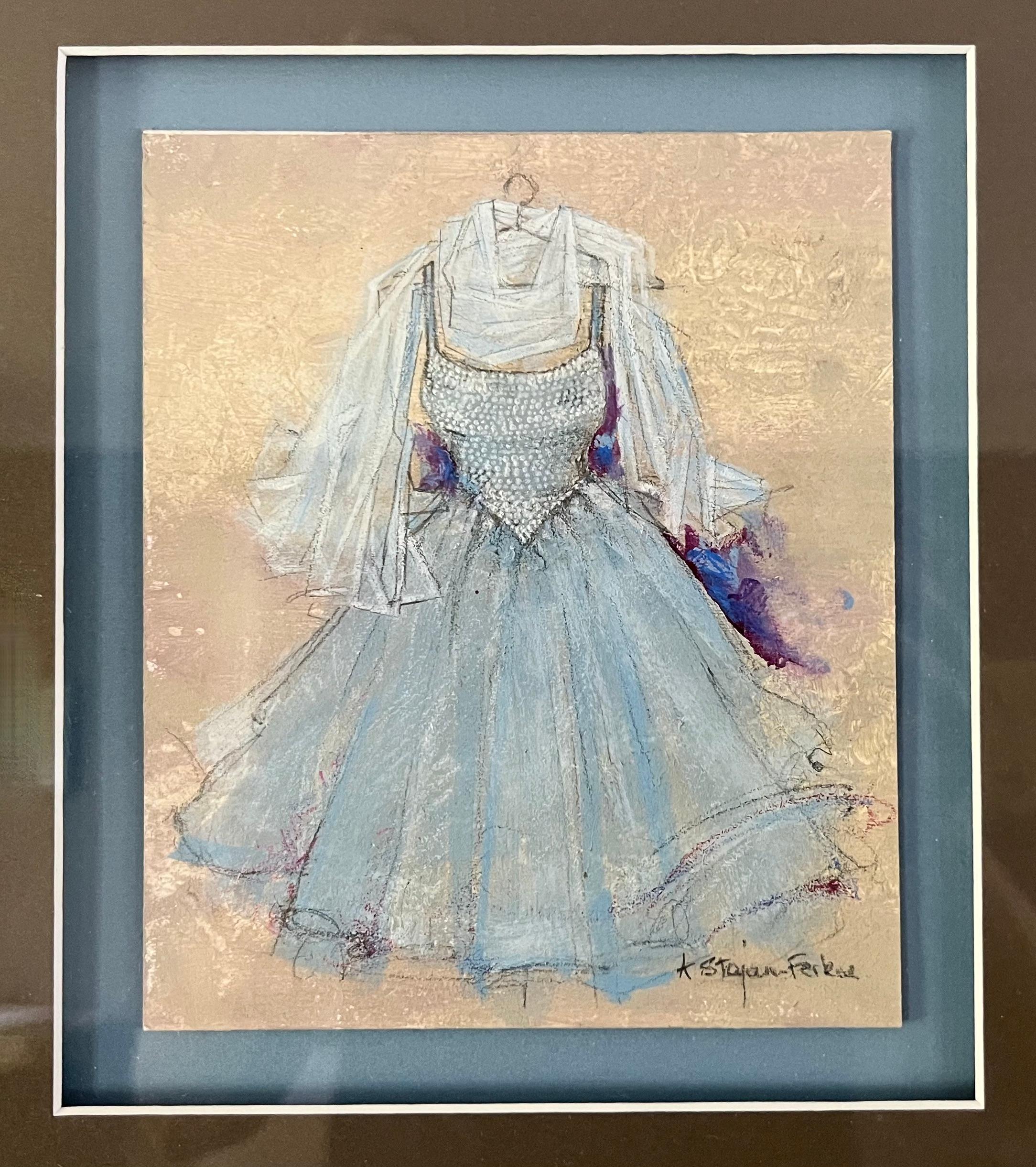 Chiffon en bleu, 14 "x16", peinture de robe encadrée, nostalgie, bal de promo, remise des diplômes 